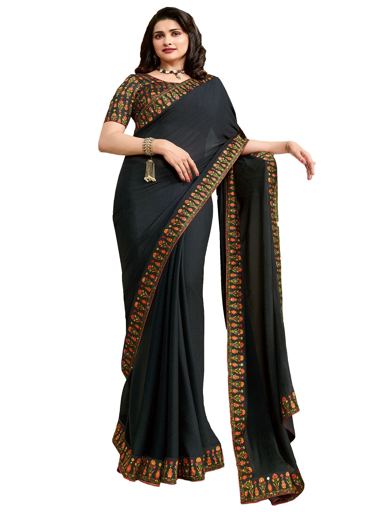 Rihana fashionIndian Women's New Fancy Plain Sarees With Digital Print Less & Unstitched Blouse Piece - A 43