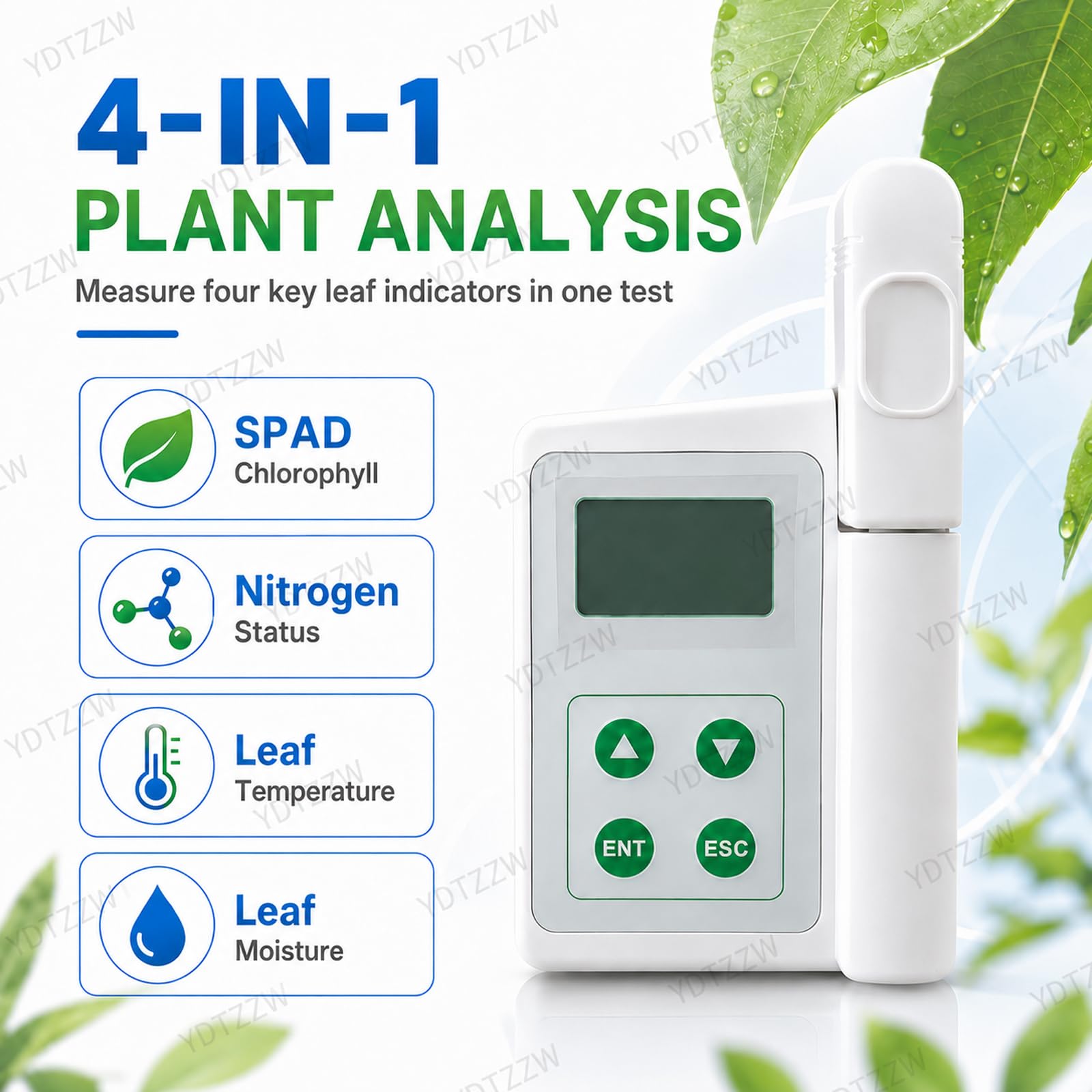 Misuratore di clorofilla, Tester di nutrienti vegetali ad Alta precisione, misuratore Non distruttivo dello Stato dell'azoto SPAD con Temperatura fogliare, umidità, Test <5s, per Agricoltura