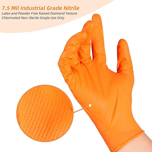 Miniatura 5 de LOGO Guantes desechables de nitrilo naranja-7.5mil Grip Diamond Textured Heavy Duty Automotive Mechanic compostable (50 piezascaja)