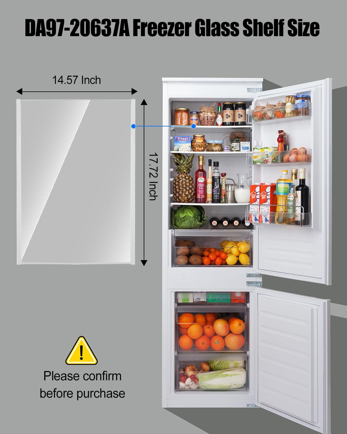 DA97-20637A Refrigerator Glass Shelf Fit for Samsung Refrigerators, Freezer Lower Glass Shelf Replace RS22T5561SR RS22T5201SR RS22T5201SG, Tempered Glass Crisper Drawer Cover