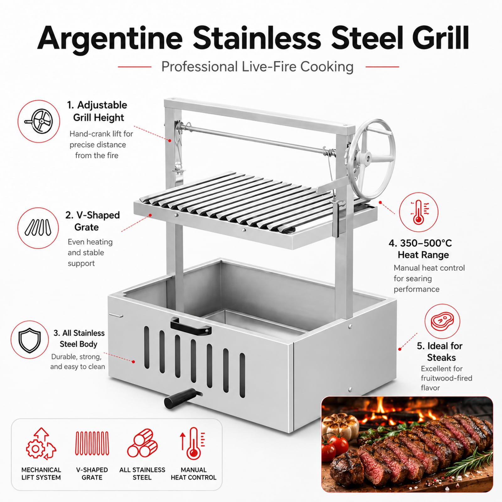 Grill in Stile Argentino, Barbecue da Esterno 201StainlessSteel | Altezza regolabile per controllare la temperatura, griglia a V per lo scolo dei grassi; per 3–5 persone
