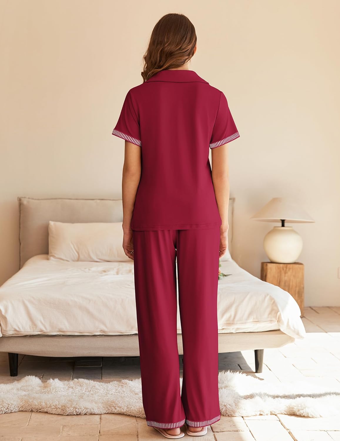 Ekouaer Womens Pajama Sets Short Sleeve Button Up Pjs, Chic Contrast Trim, Long Pants with Pockets,Soft Loungewear Set S-XXL - Image 6