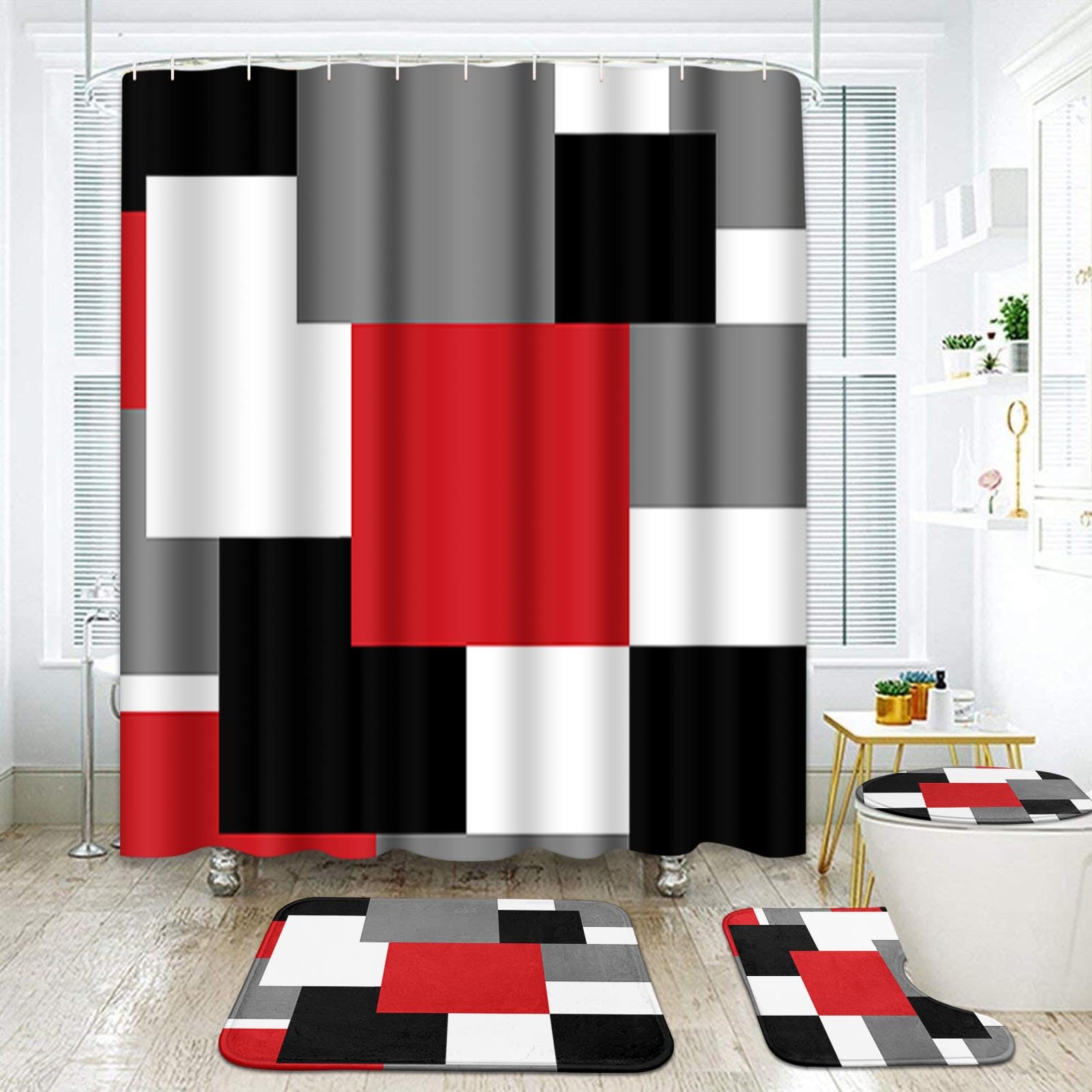 ArtSocket Geometric Red Bathroom Set with Shower Curtain and Rugs Accessories, Black and Gray Modern Shower Curtain, Red Bathroom Decor 4 Pcs
