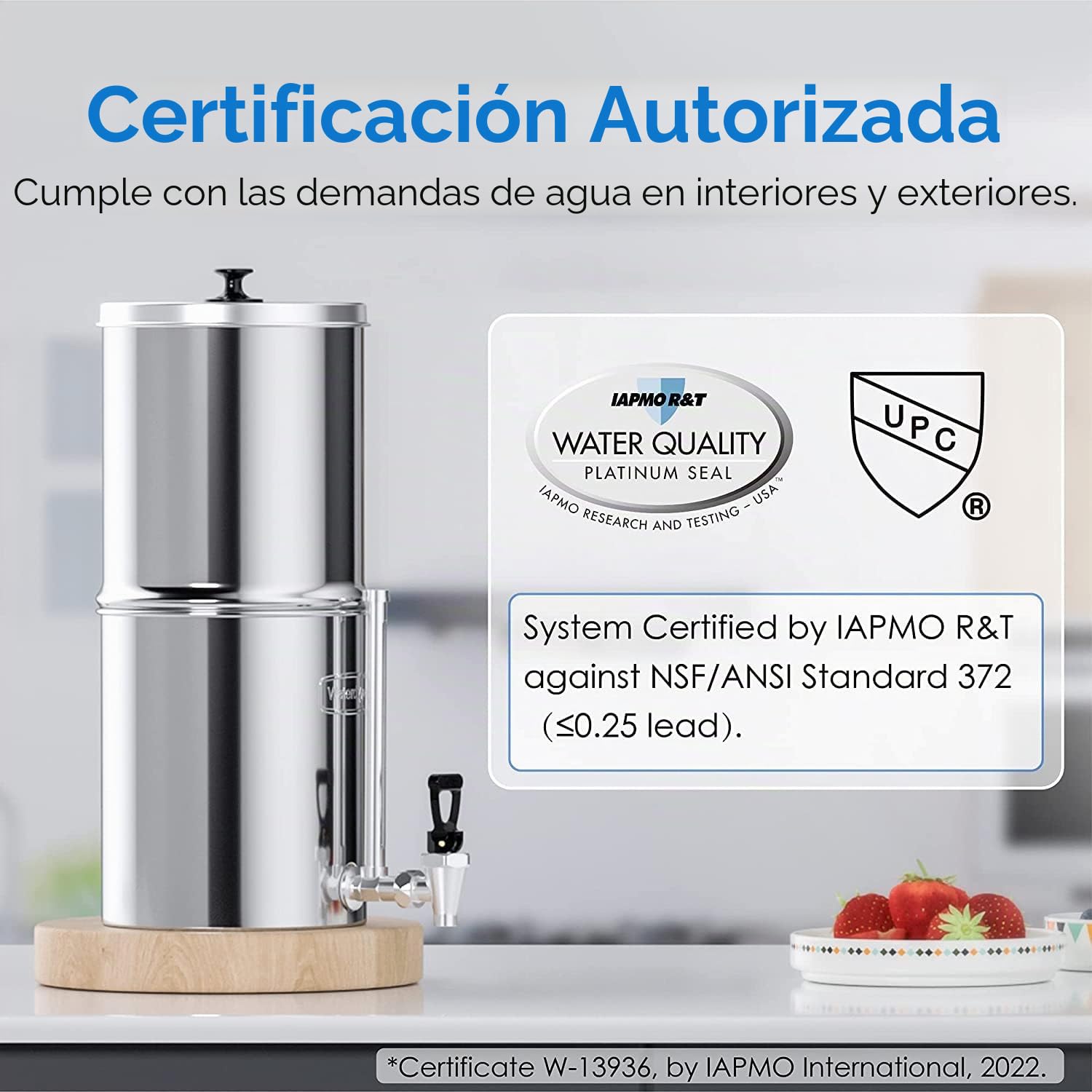 Waterdrop Sistema de Filtrado de Agua por Gravedad, Certificación NSF/ANSI 372, Sistema de Acero Inoxidable de 8,5 Litros con 2 Filtros y Espita Metálica, Reduce hasta el 98,95% del Cloro, WD-TK