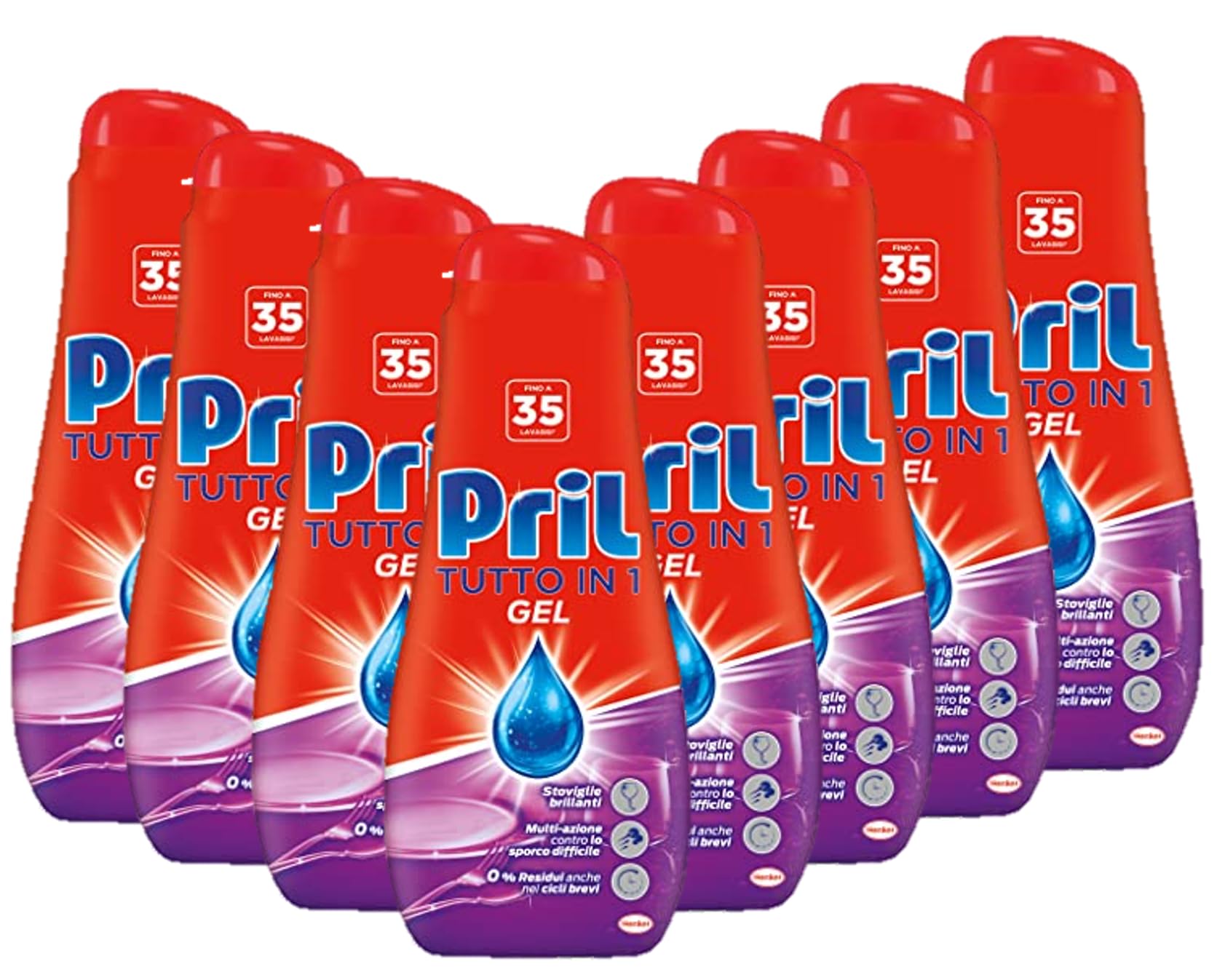 Pril Gel All in One Sciogli Grasso Detersivo Lavastoviglie Liquido Multi-Azione Sporco Difficile, 8 Confezioni da 35 lavaggi