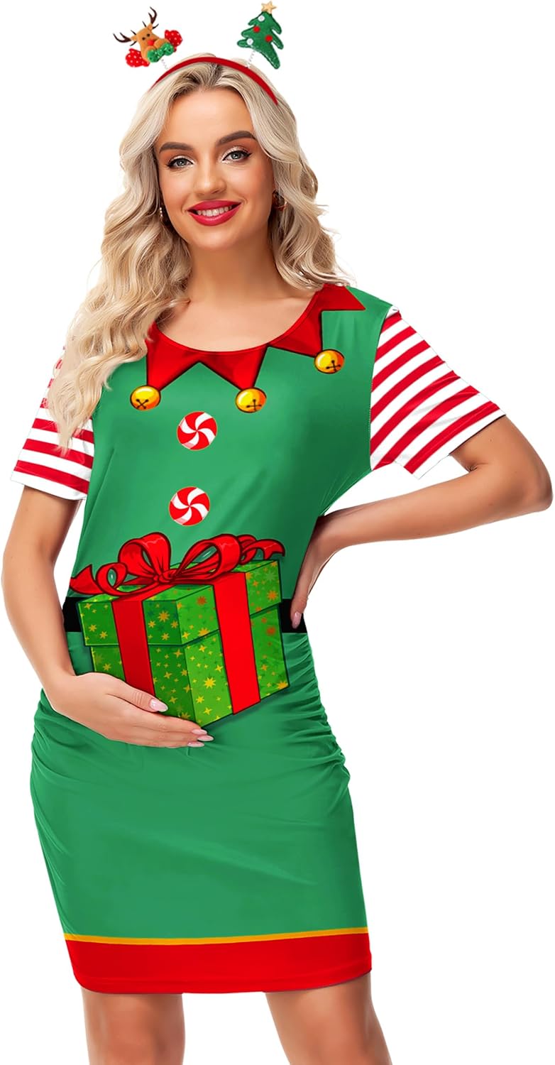 Women Christmas Elf Pregnant Dresses Short Sleeve Costume Pregnancy Dress Side Ruched Xmas Maternity Dress S