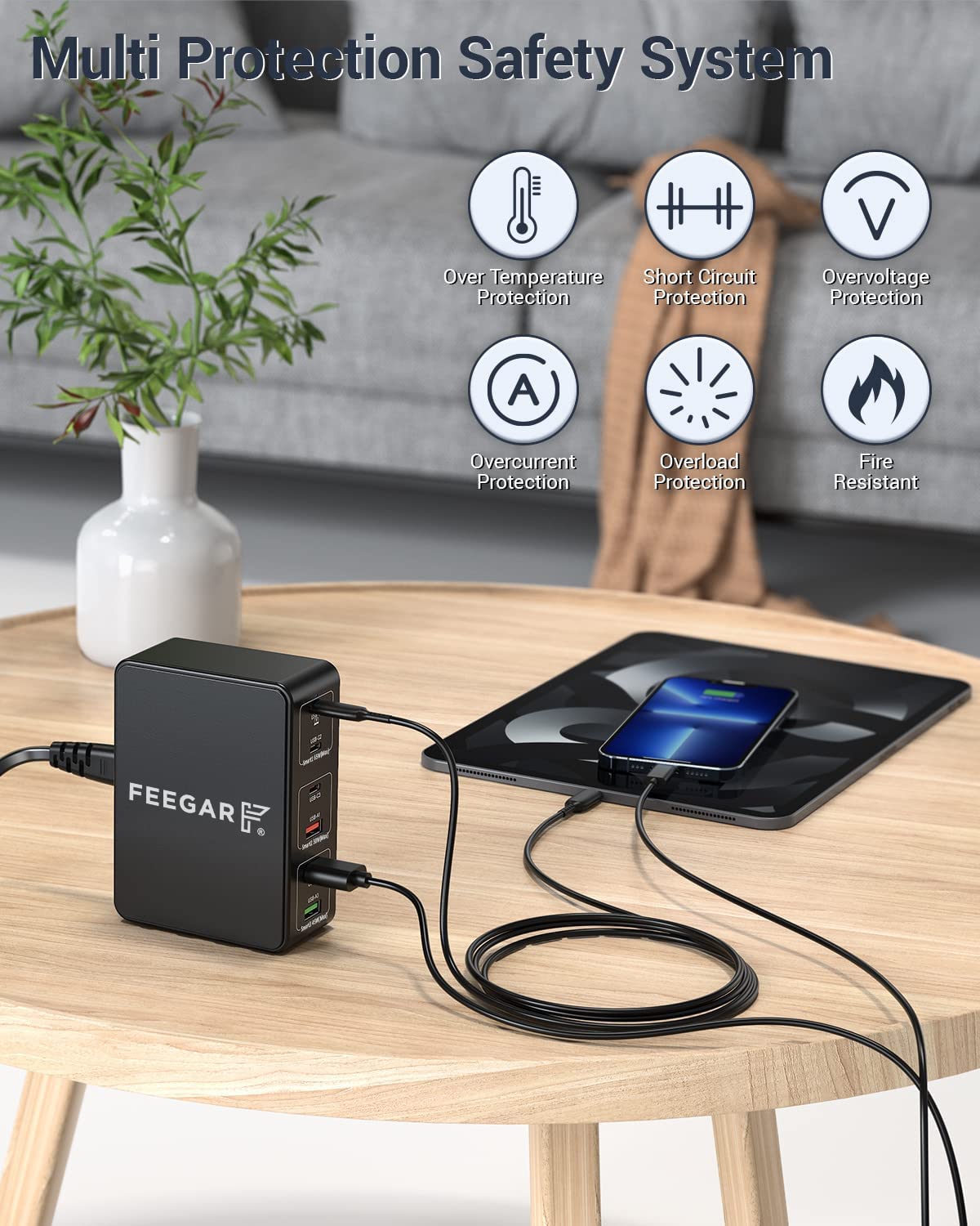 Stacja ładująca Feegar Tower PRO 140W USB 6-portowa ładowarka sieciowa na biurko, przenośna wieloportowa ładowarka USB z 6 USB-A i USB-C PD PPS Quick Charge QC 3.0.