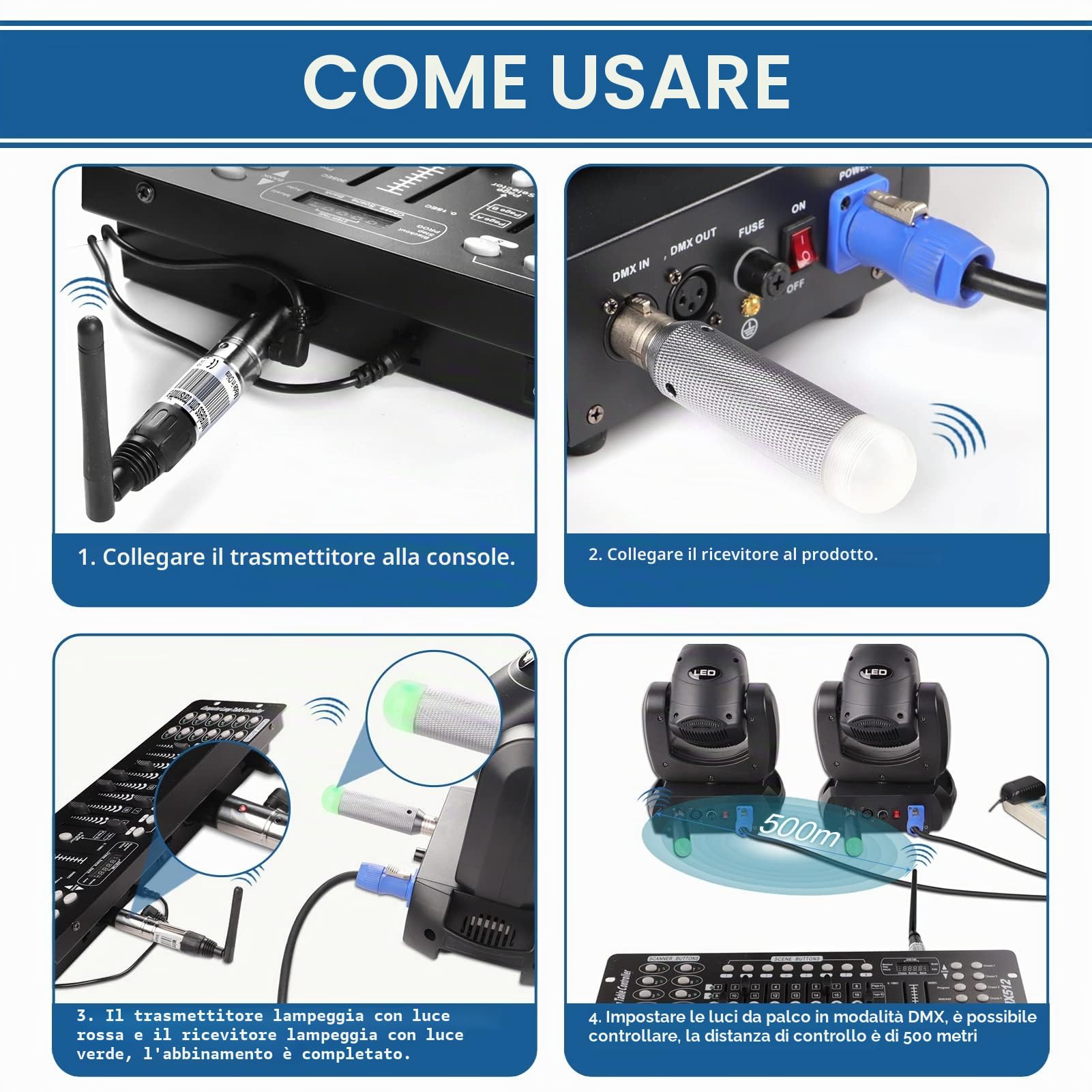 Confezione da 4 dmx512 Maschio/Femmina trasmettitori wireless/ricevitore wireless ricaricabile 2.4G ISM dmx512 Controller per illuminazione palcoscenico