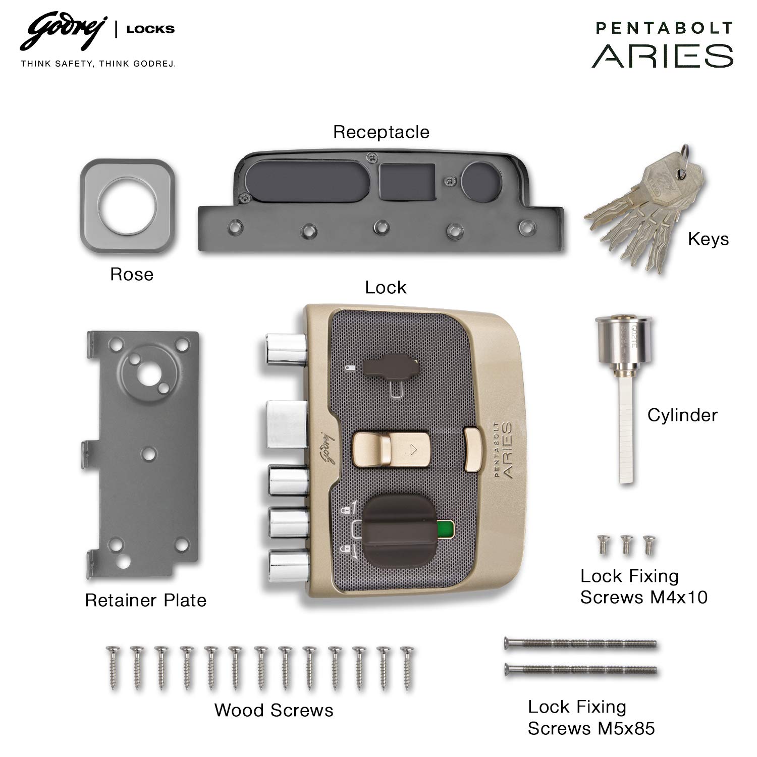 Godrej Rim Lock I Pentabolt Aries 3KS I 5 Bolts I 1CK Deadbolt I for Home Main Door I for Inside Opening Door l Left/Right Handed Doors I 4Keys I 15-Year Warranty I Manual Locking I Vegas Gold Finish — Amazon image 7