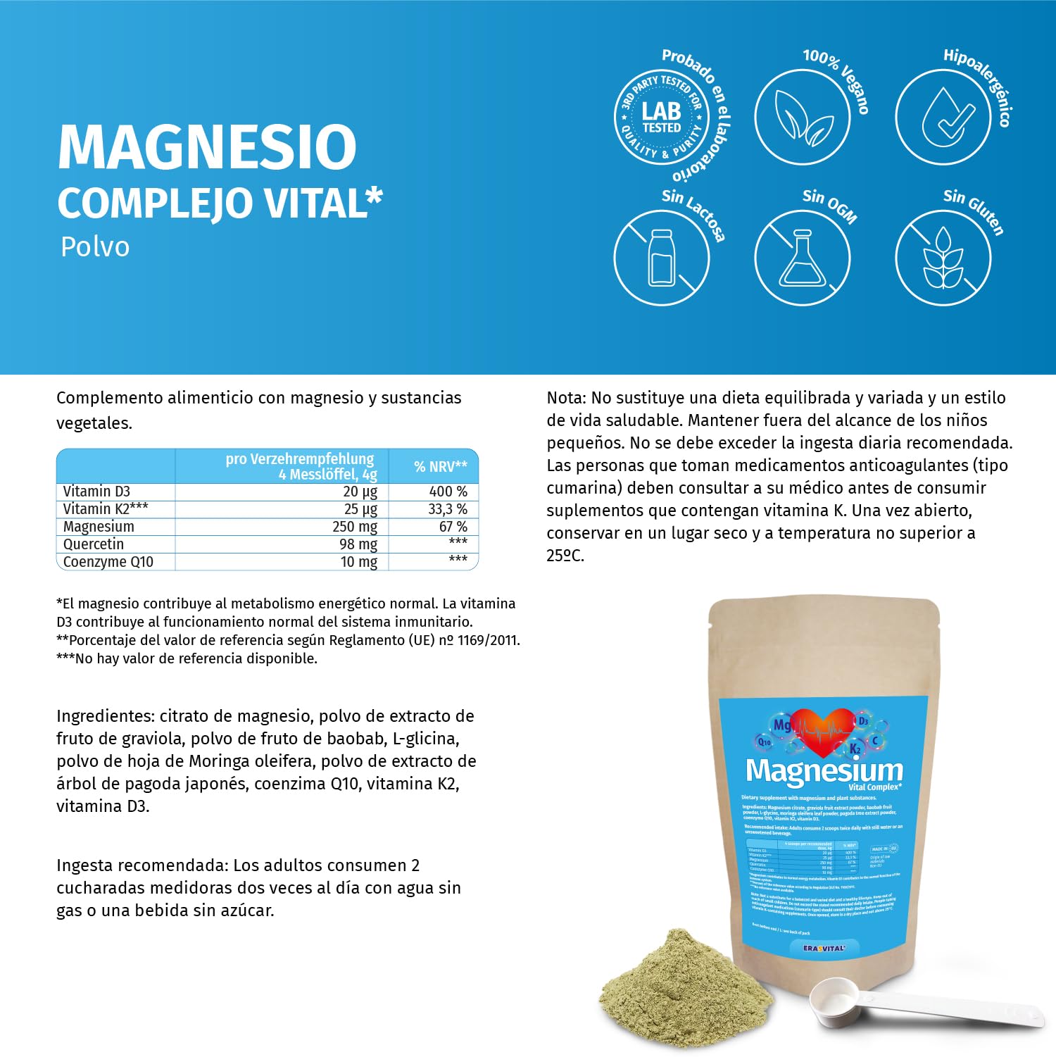 Magnesium Vitalkomplex Pulver mit Magnesium-Citrat, Baobab Fruchtpulver, L-Glycin, Coenzym Q10, Vitamin K2, Vitamin D3. Vegan (500 g (1 er Pack))