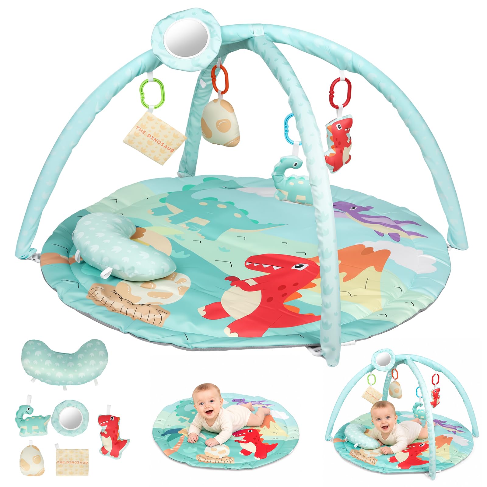 Baby Gym Play Mat with 4 Toys, Mirror and Tummy Time Pillow for Floor Play