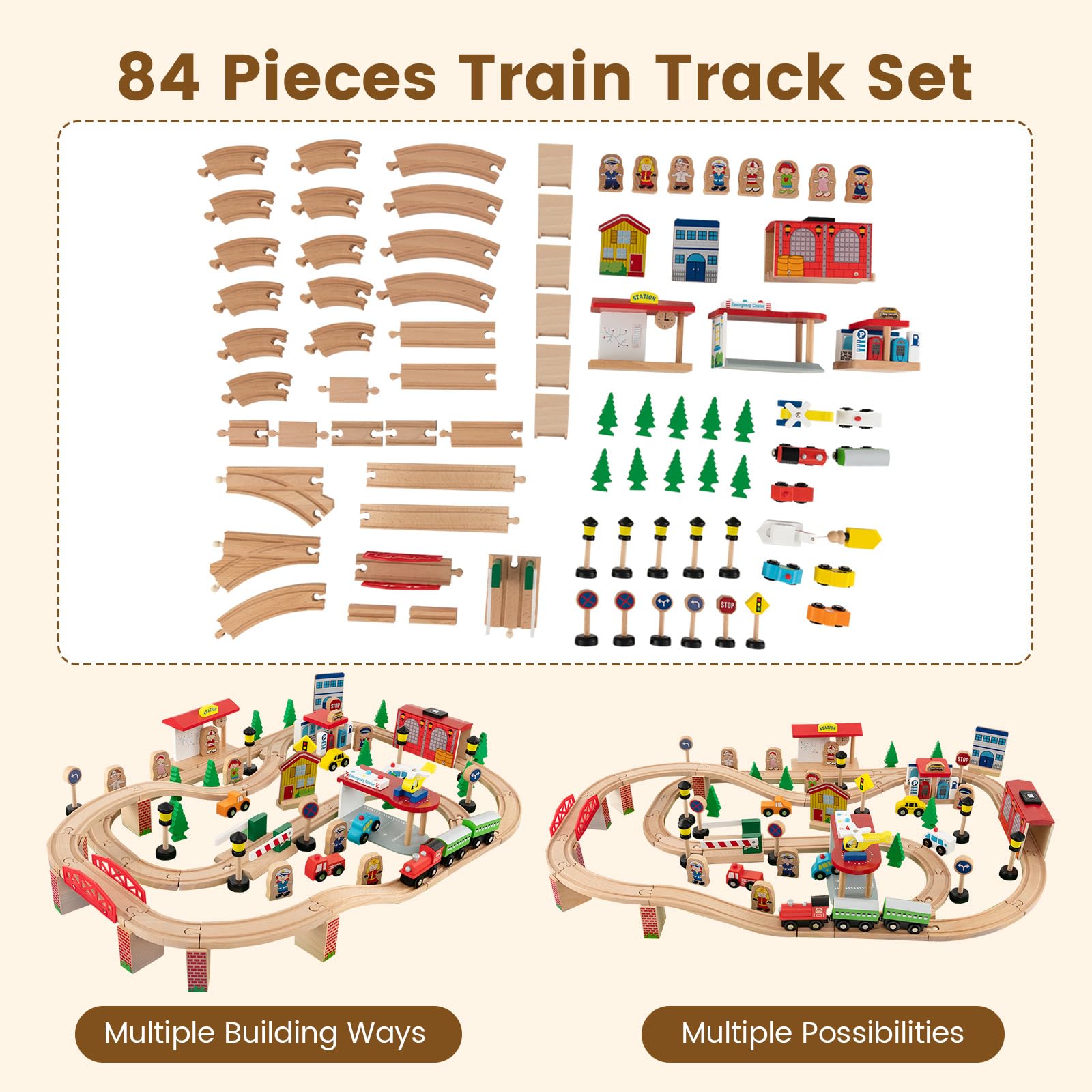 FANTASK 84-teiliges Spieltisch Holz, Kinder Eisenbahn Set mit umkehrbarer & abnembarer Tischplatte und Schublade, Aktivitätstisch zum Spielen, Malen, Lesen, Essen, Spielzeug für Kinder ab 3 Jahren