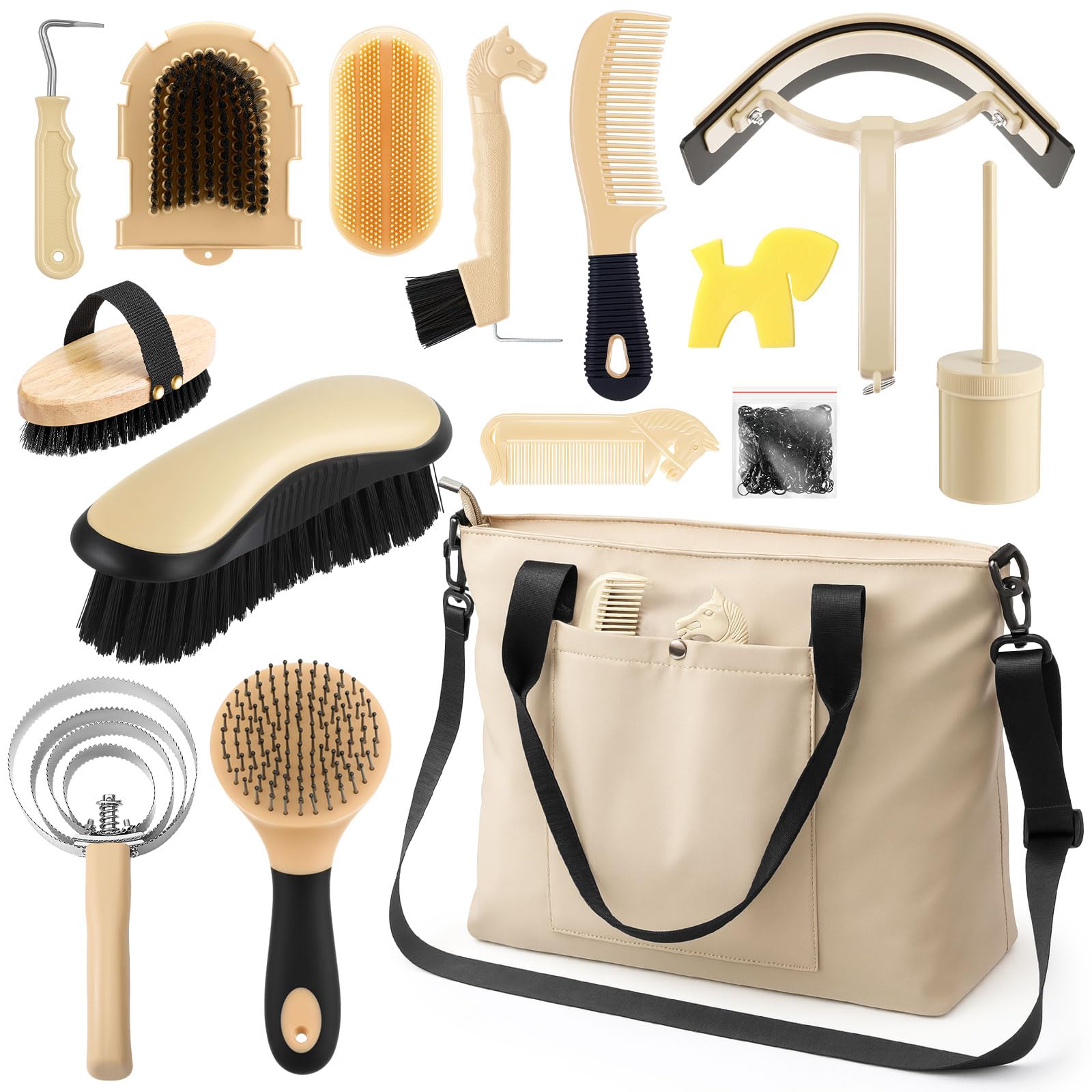 Abbylike 15 Pieces Horse Grooming Kit with Organizer Tote Bag Tack Room Supplies Horse Brush Sets Care Equine Cleaning Kit Shedding Grooming Massaging Tools (Beige)