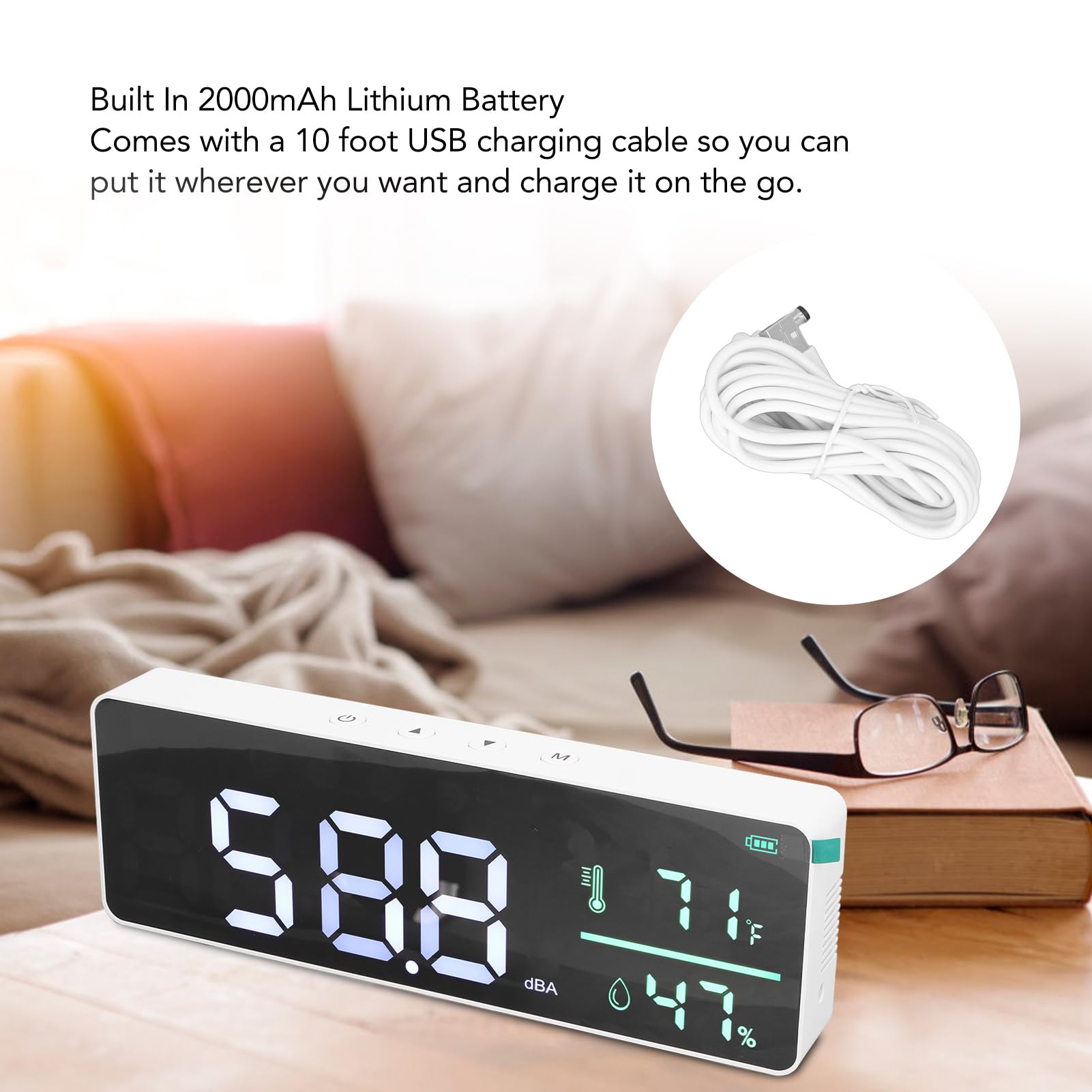 Medidor de decibelios 3 en 1 con pantalla LED grande Rango de medición de 30-130 dB y medidor de humedad y temperatura Lector de nivel de sonido montado en la pared para