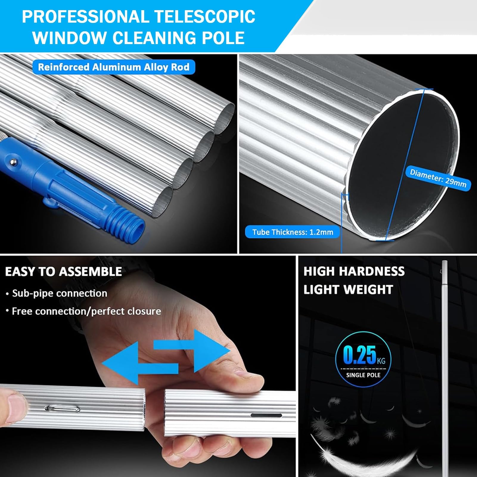 Perche telescopique Nettoyage De 1 à 12 m, Perche telescopique Nettoyage Panneaux solaires, Perche télescopique en Aluminium, Nettoyage De Perche Télescopique(Pôle Unique)(1200cm/39.4ft)