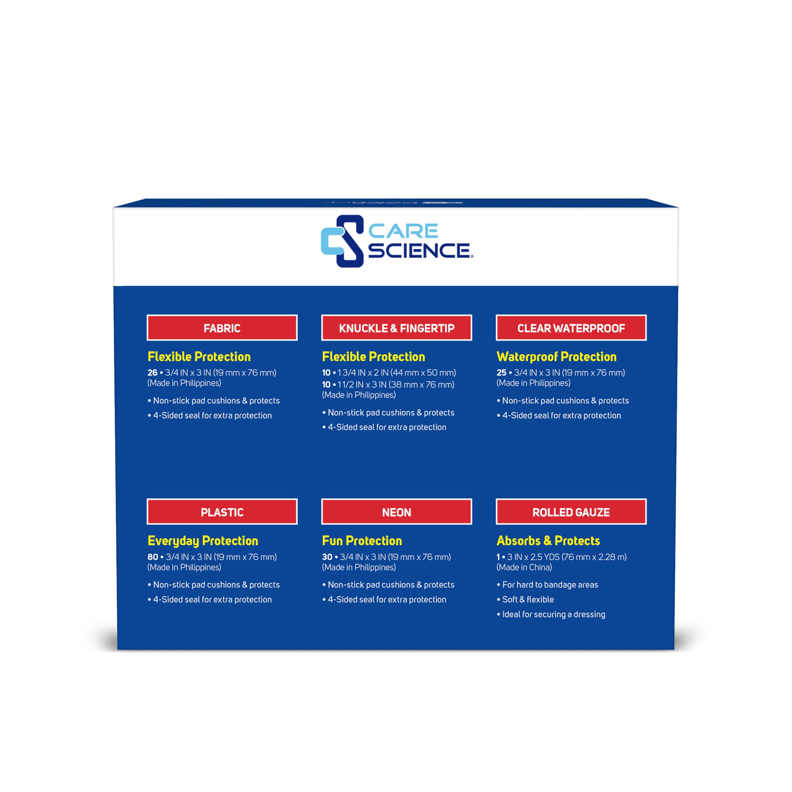 Care Science CarePak - Confezione assortita, 182 pezzi, misure assortite | Assortimento di bende confezionate singolarmente e garza arrotolata. Include bende trasparenti, impermeabili e in plastica