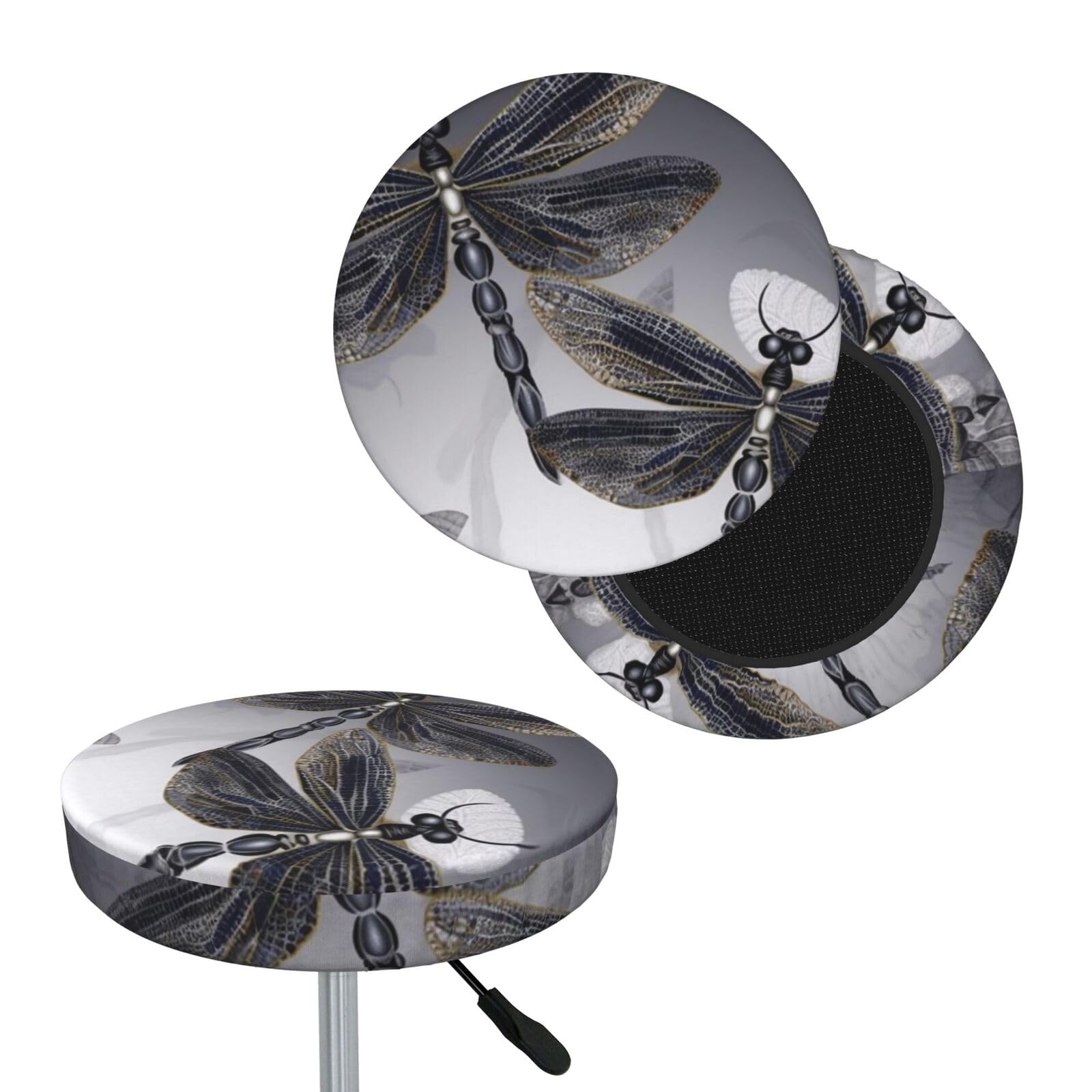 FekiLoot Dragonflies Grey Round Bar Stool Covers Stretch Washable Bar Stool Covers Dustproof Slipcover Bar Chair Covers with Elastic Band for Bar Kitchen Living Room Decor 12 Inch