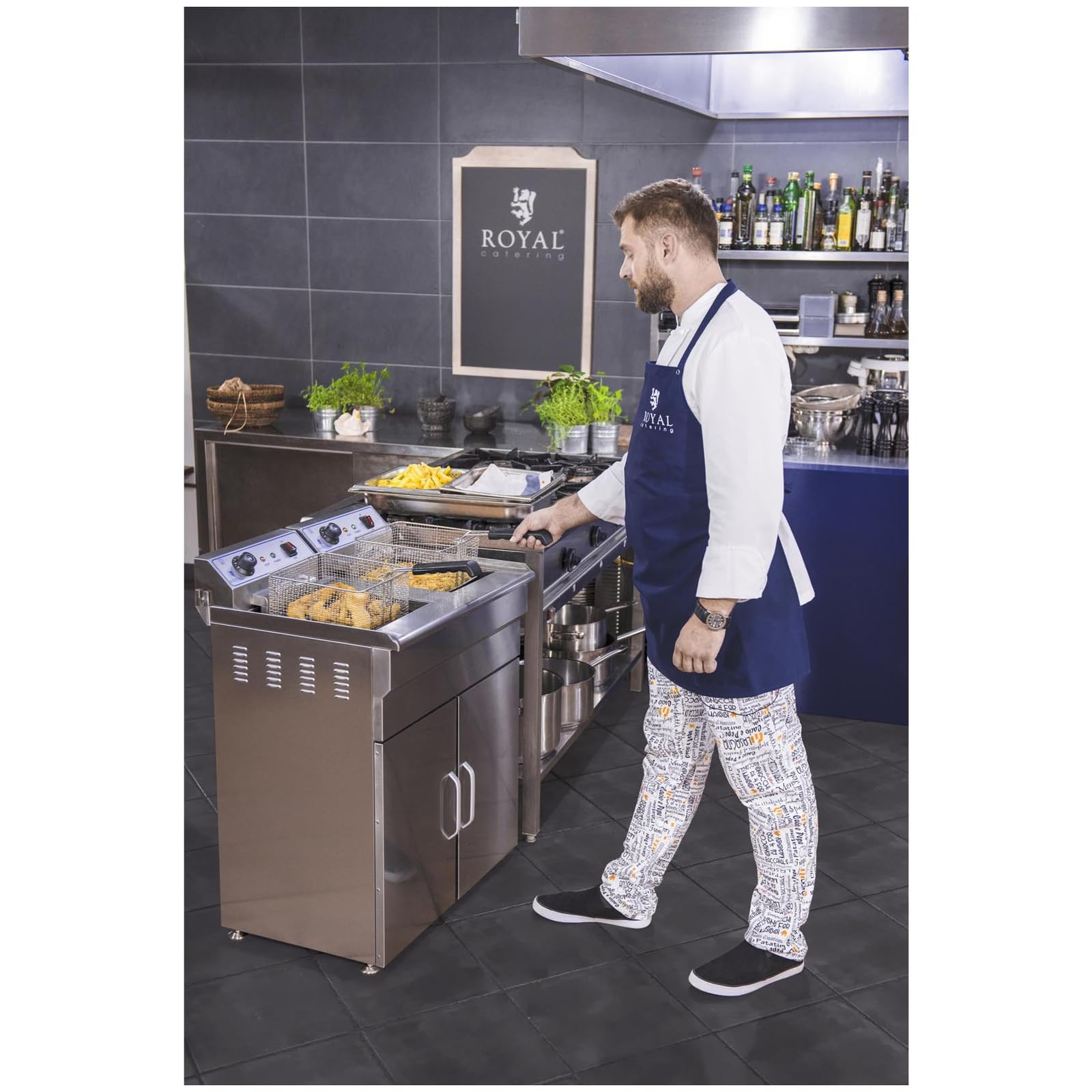 Royal Catering - RCKF-16D - Freidora eléctrica doble de 2 x 16 litros - con armario - 100% acero inoxidable - 2 x 6000 W - 400 V | Zona fría, grifo de drenaje, automático. Apagado, protección térmica, mango Cool Touch, 60 – 200 °C