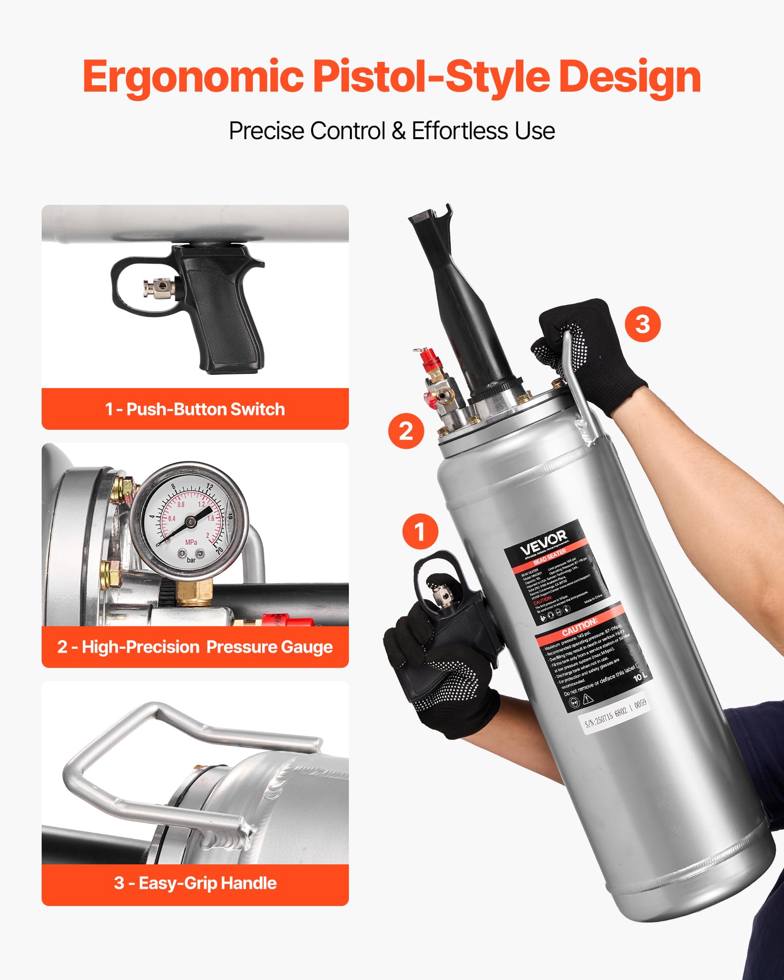 VEVOR Gonfiatore Portatile per Pneumatici, 10 L, Pressione di Esercizio 0,6 a 0,8 MPa, Gonfiatore a Grilletto per Tallone del Pneumatico, per Auto, SUV, Camion, Bici Elettriche, Camper, ATV