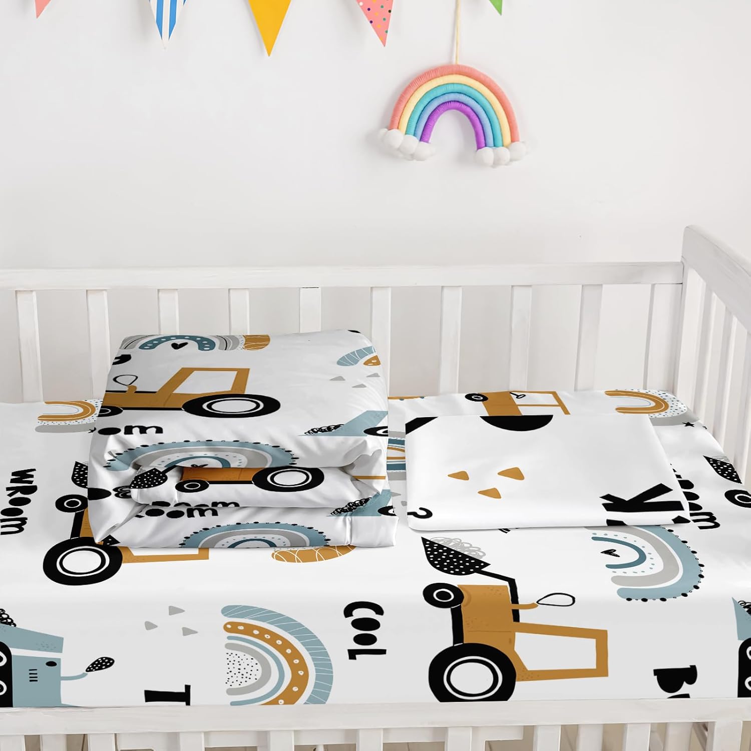 Axolotl Trucks Quilt Set for Boys,Cartoon Trucks Kids Bedding Set Soft Comforter Bed Set Including Quilt,Fitted Sheet & Bed Skirt, for Boys,White
