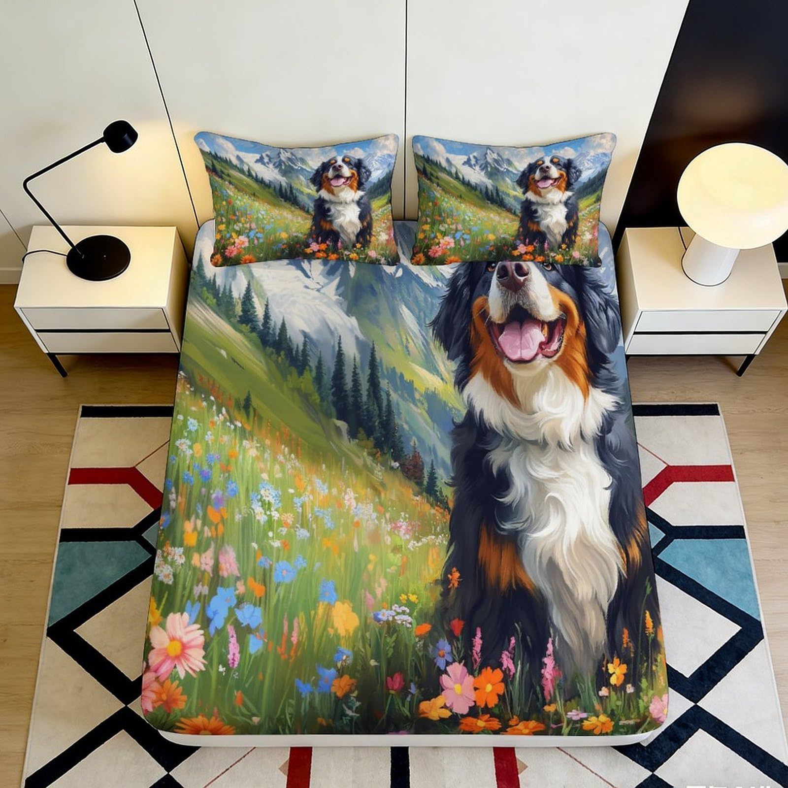 Jqzkxnhpbr Style-7 3D Printed Bernese Mountain Dog Fitted Sheet Microfiber Scenic Meadow Bed Sheet Non Slip For Bedroom Dorm Decor 90X200x25cm