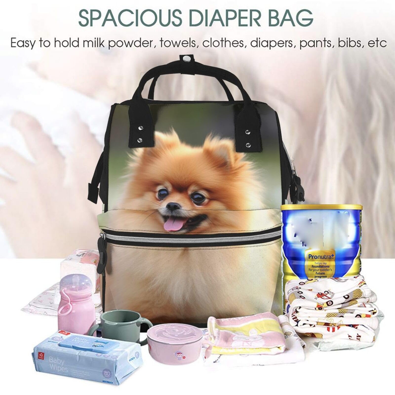 Sac à langer multifonction pour chien de Poméranie Sac à dos à langer Sac à dos imperméable grande capacité Sac de voyage pour bébé avec matelas à langer, porte-tétine