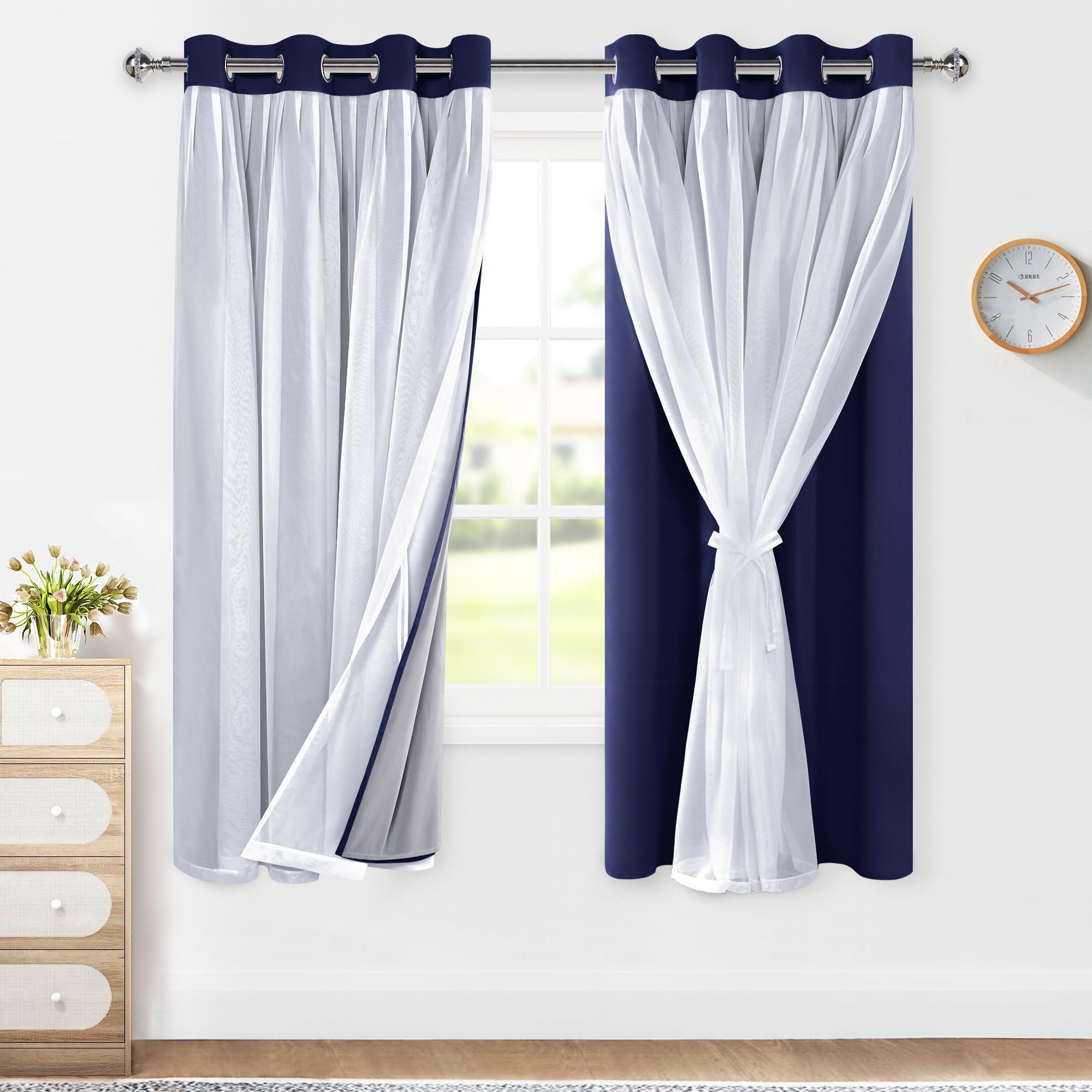 Rideaux 100% occultants double couche bleu 132x160cm lot de 2