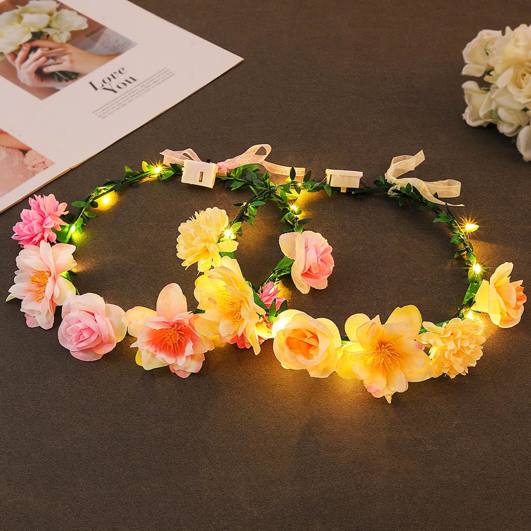 Zoestar Diadema de corona de flores iluminadas, diadema con guirnalda LED, diadema floral para novia, festival, corona de pelo para mujeres y niñas, 2 piezas (rosa y beige, talla única)