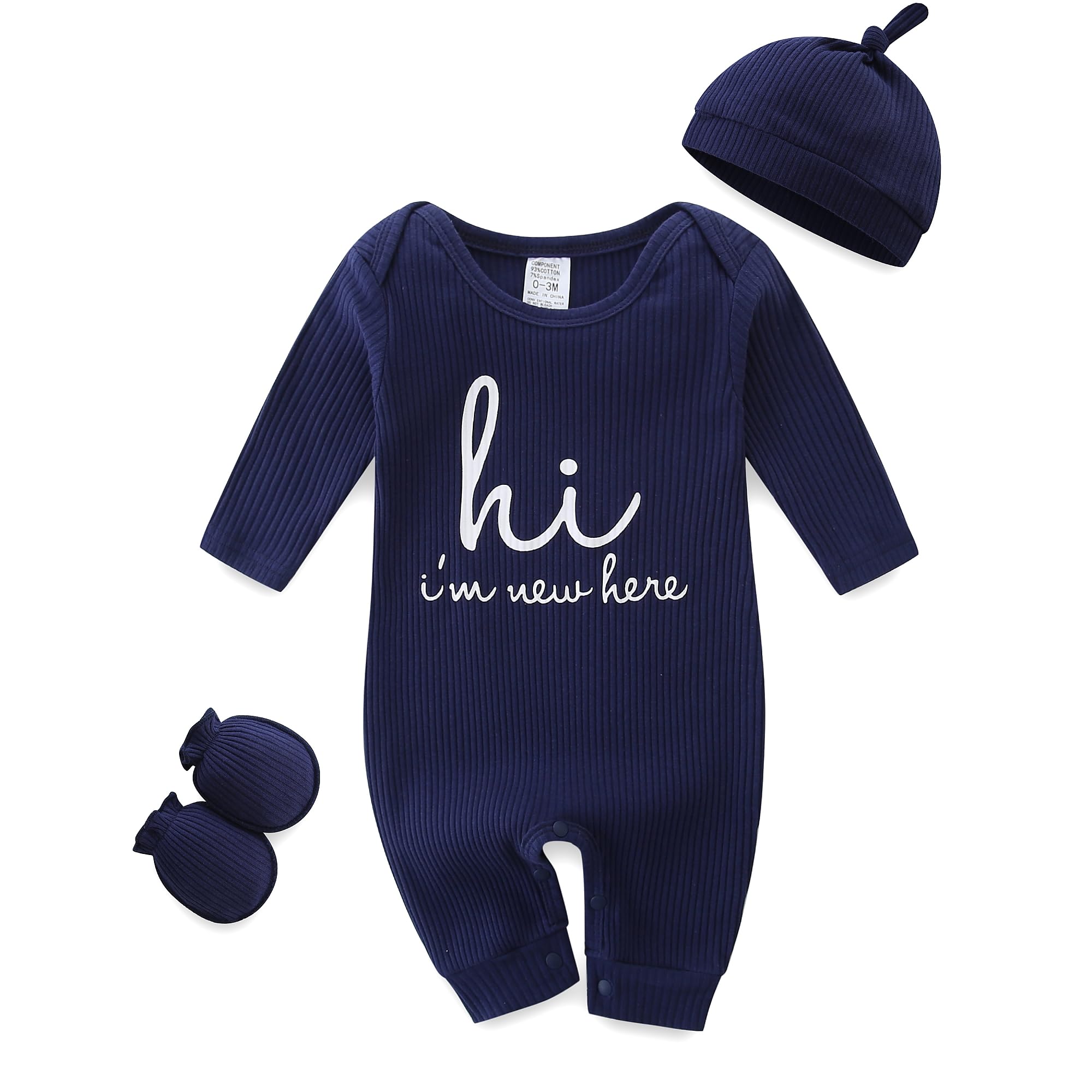 Baby Romper with Baby Mittens & Newborn Hats Footless Long Sleeve Solid Onesie Hi Im New Here