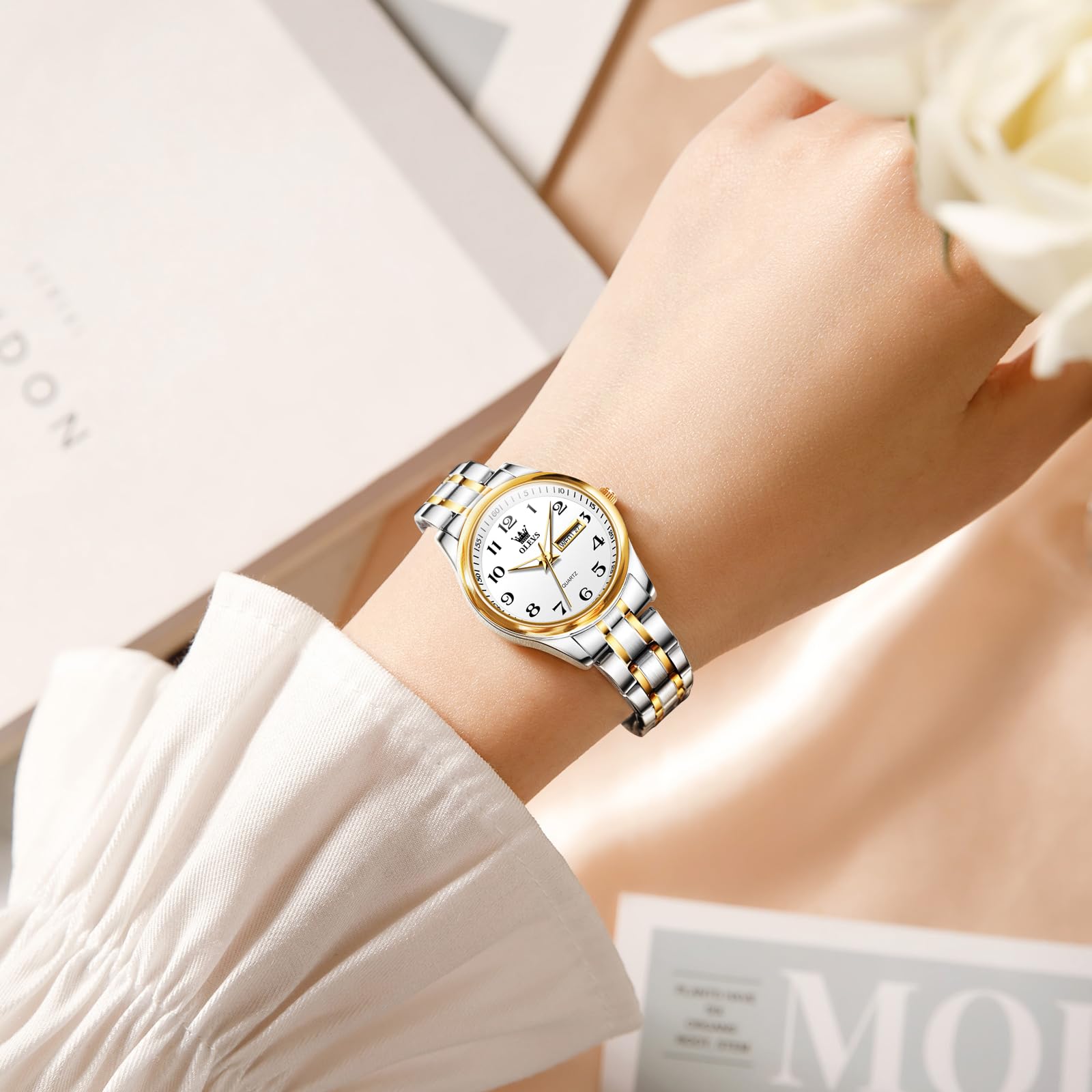 OLEVS Armbanduhr Damen, Edelstahl Analoge Quarz Tag Datum Damenuhr, Wasserdicht Kleines Gesicht Leuchtend Uhr Damen, Eleganz Freizeit Damenuhren