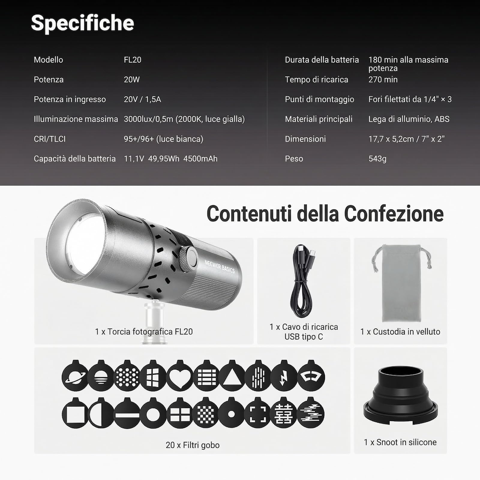 NEEWER BASICS Torcia Fotografica RGB da 20W con 4 Colori | 20 Filtri Gobo, Batteria Integrata da 49,95Wh, 6300K CRI95+ Faretto LED Portatile Luce Ambientale Tramonto per Video, FL20