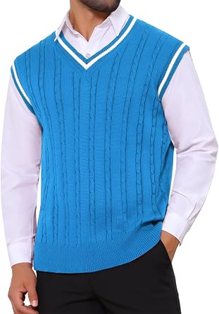 Mens Solid Color V-Neck Sleeveless Cable Knitted Sweater Vest