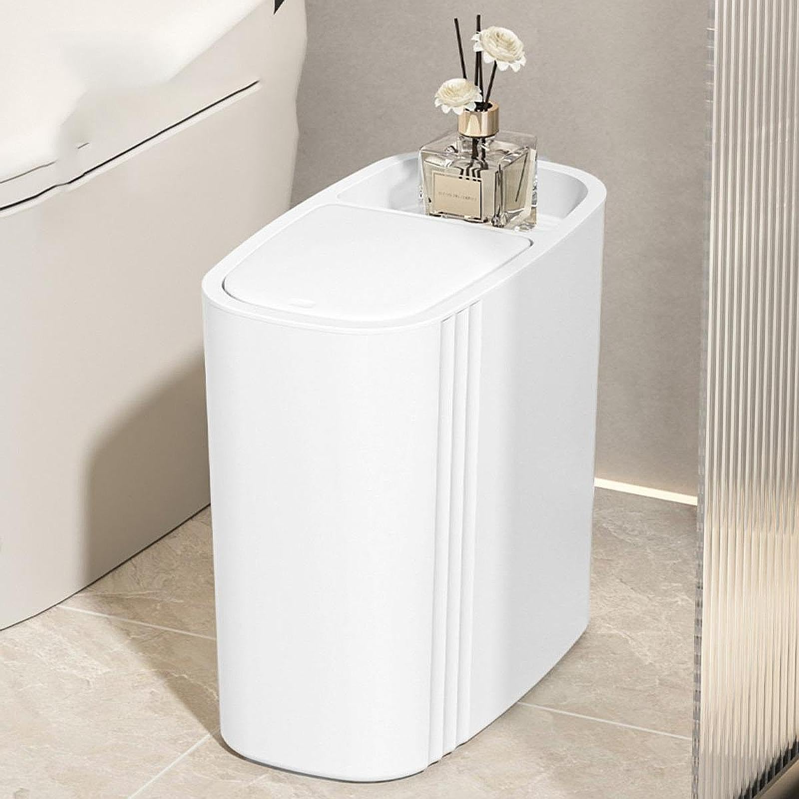 rockible Pattumiera da Bagno con Coperchio, Compatta, Rettangolare, Piccola E Sottile, da 12 Litri, per Casa, Bagno, Soggiorno, Lavanderia, Bianco