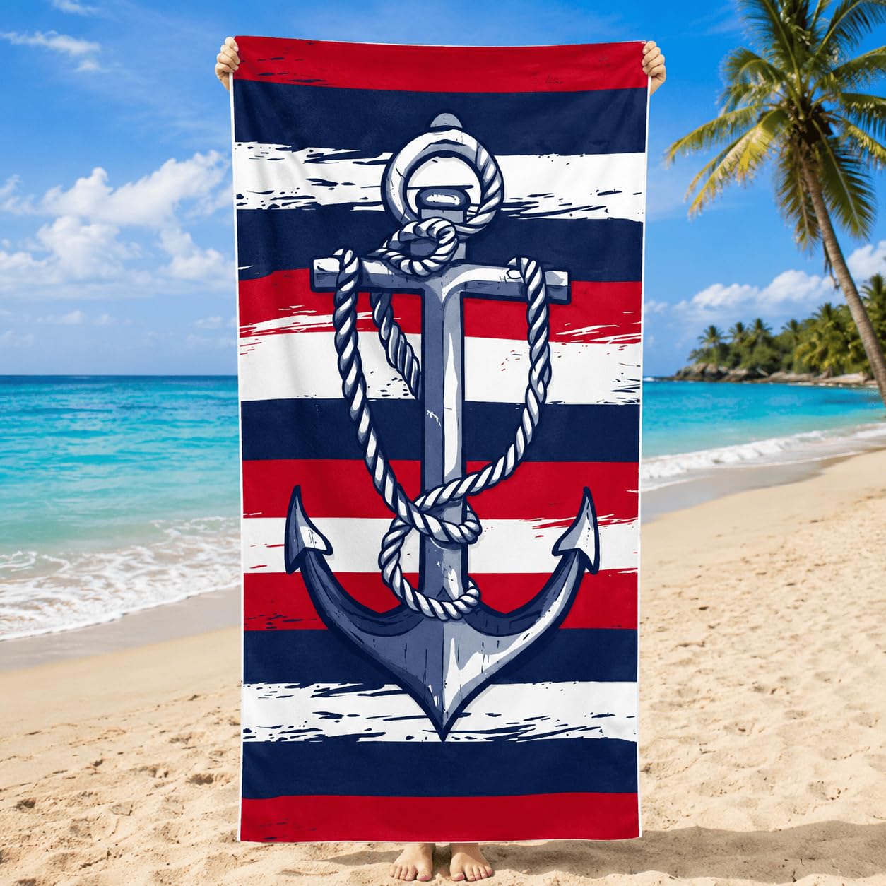 Telo Mare Microfibra Ancora Nautica Asciugatura Rapida | Asciugamano da Spiaggia Strisce Rosse e Blu, 145x200 cm, Assorbente, Accessori Mare, per Palestra Viaggio