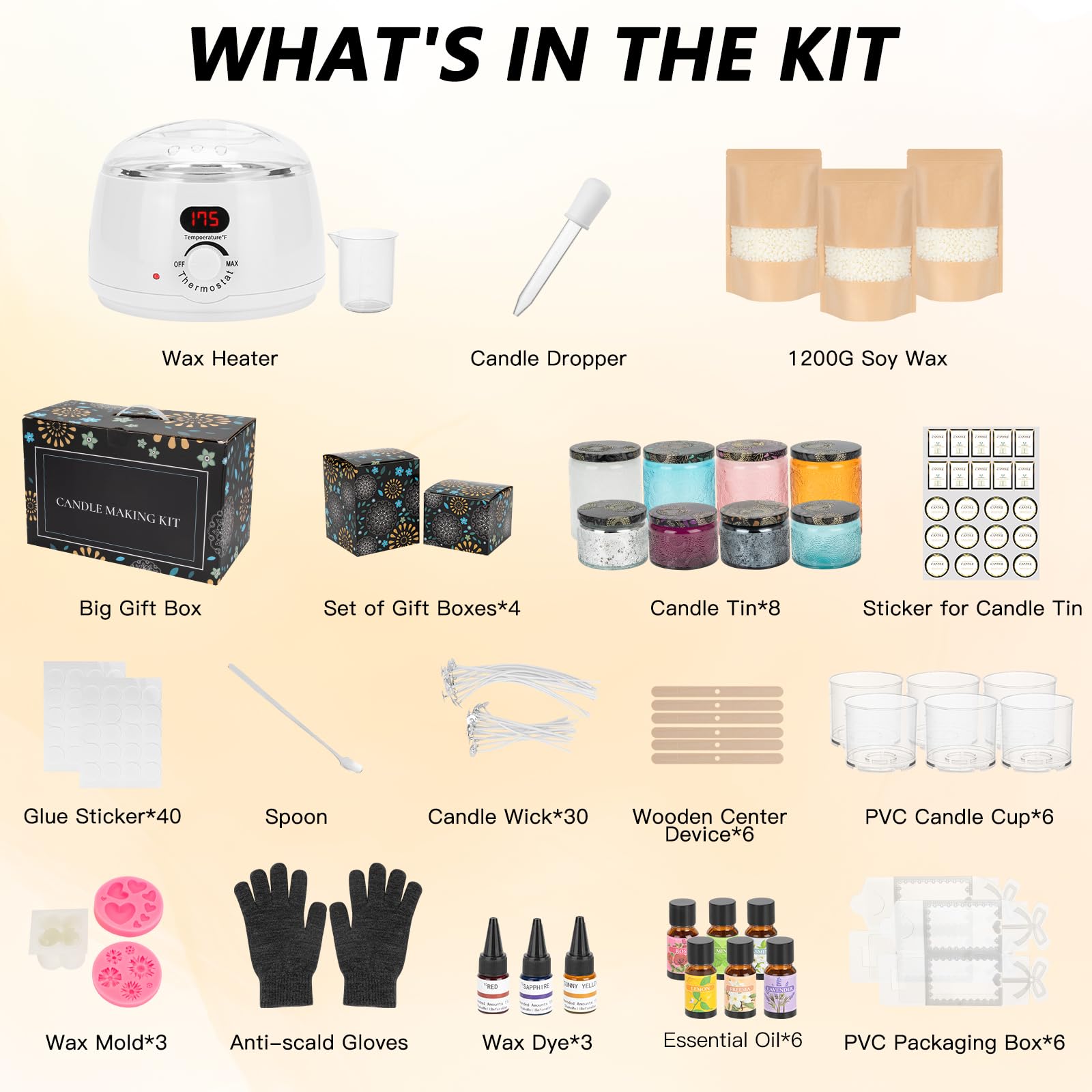 TECHMUR Kerzen Selber Machen Set, Komplette DIY Kerzen Set mit Elektrischer Wachsschmelzer, 1200g Natürliches Sojawachs, ätherischem öl, Kerzenfarbe, Gläsern, Aufklebern für Erwachsene Anfänger (Weiß)