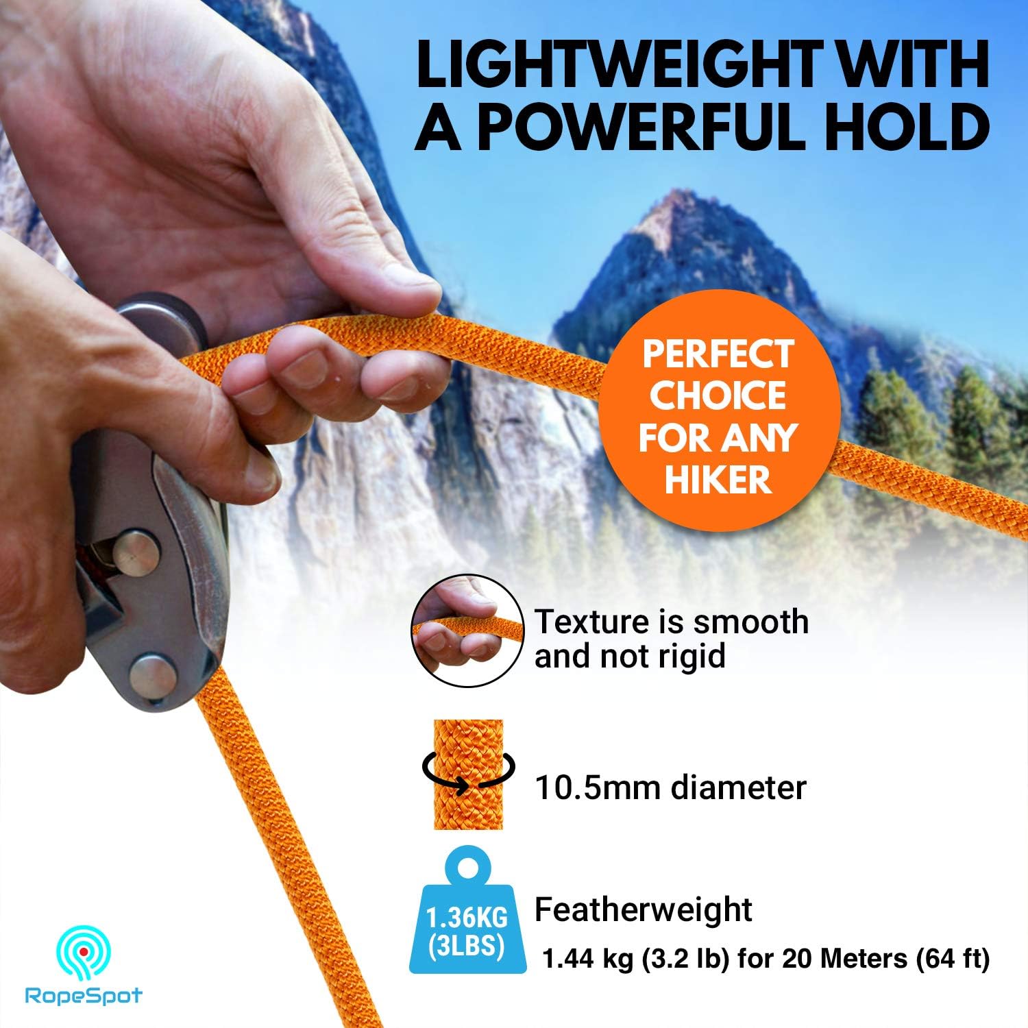 Powerful UIAA Static Rock Climbing Rope - High Strength Static Climbing Rope - Rock Mountaineering Climbing Gear - 10.5mm Rescue Rope - Heavy Duty Rope (Orange, 64) : Sports & Outdoors