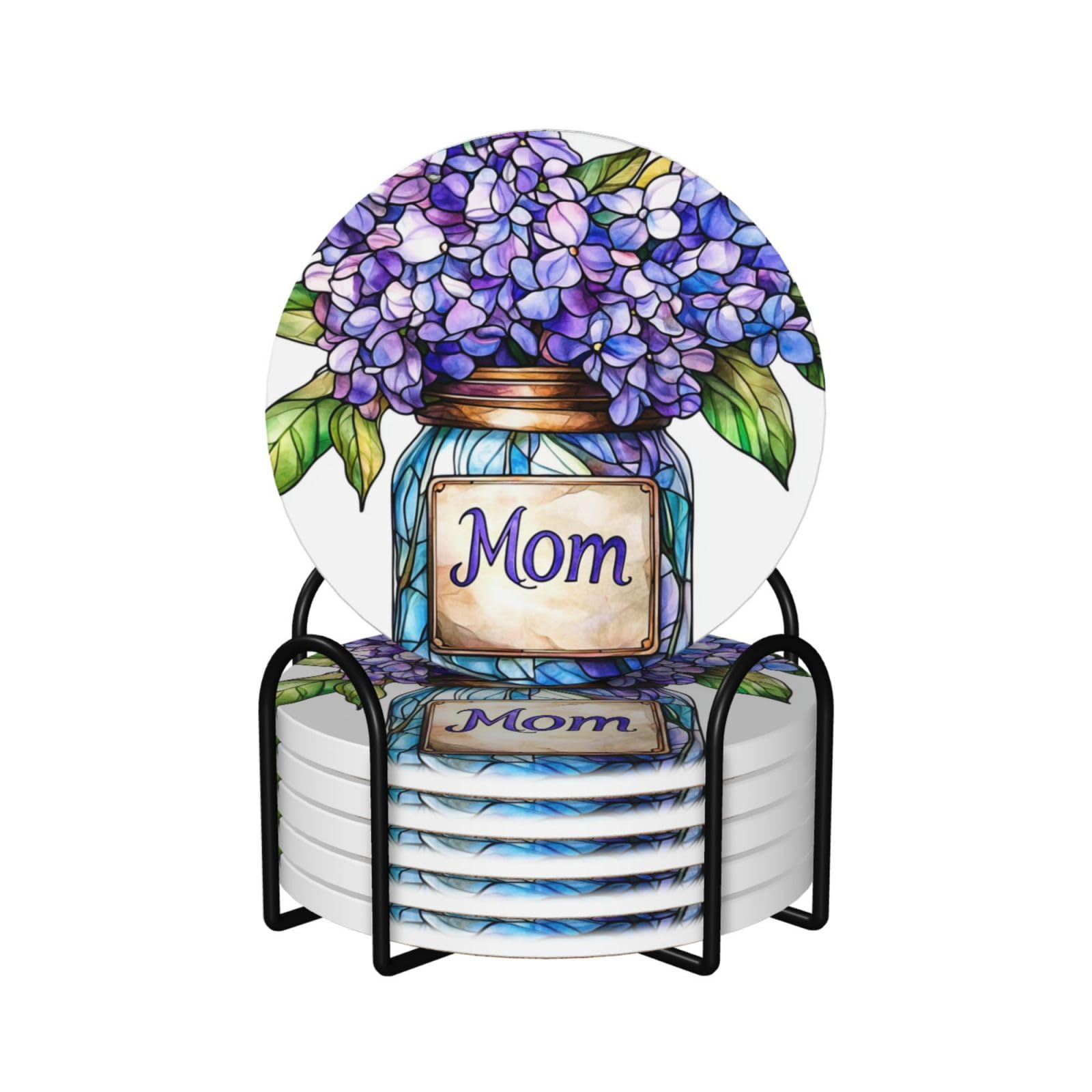 Jar with Purple Wisteria Flowers Ceramic Coasters with Holder 6ps