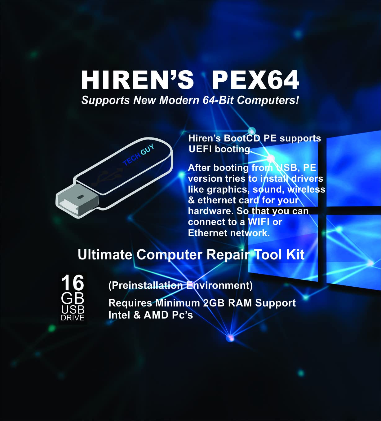 TechGuy4u Hiren's Boot CD USB PE x64 bit Software Repair Tools Suite latest version 16.04 PC Computer Repair Recovery Win 7, 8, 8.1 and 10 USB
