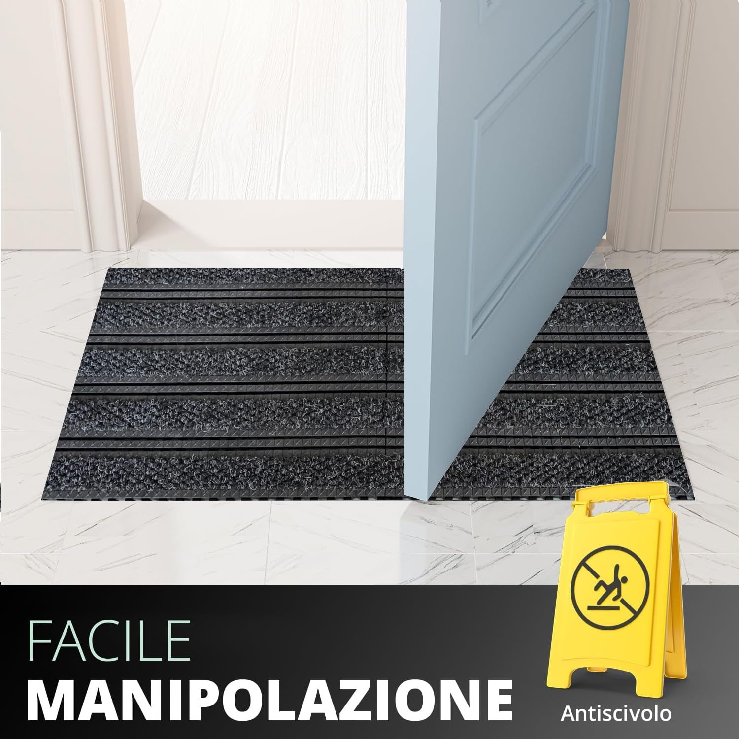 Zerbino asciugapasso ingresso esterno nero - blu, zerbino professionale, raccogli sporcizia, zerbino tappeto da esterno, tappeto ingresso esterno, casa ufficio negozio (NERO, 132 x 88 cm)
