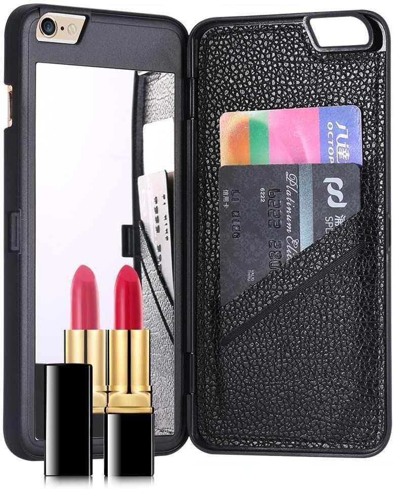 iPhone 5 5S SE Case -SpicyQ iPhone 5 Mirror Case, Fashion Luxury Make-up Mirror Wallet Style Card Slots Leather Case Cover [Stand Feature] for iPhone 5 5S (Black)