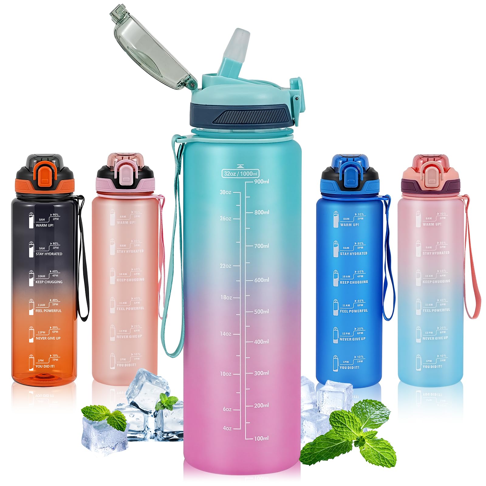 SEASEVEN 1L Water Bottle with Straw,Plastic Drinks Bottle,1 Litre Sports Water Bottles with Time Markings,Girls Boys Waterbottle Leak-Proof & Bpa-Free for Gym,Cycling, Office (Cyan-Pink) — image 1