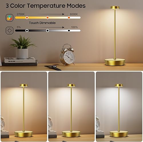 Miniatura 8 de Lámpara de mesa LED inalámbrica, lámparas de escritorio de batería recargable, 3 colores regulables, lámpara de mesa de metal regulable sin