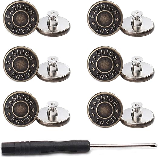 GIYOMI 17mm No Sewing Jeans Buttons Replacement Kit with Metal Base,12 Sets Nailess Removable Metal Buttons Replacement Repair Combo Thread Rivets and Screwdrivers (0.67 inch)