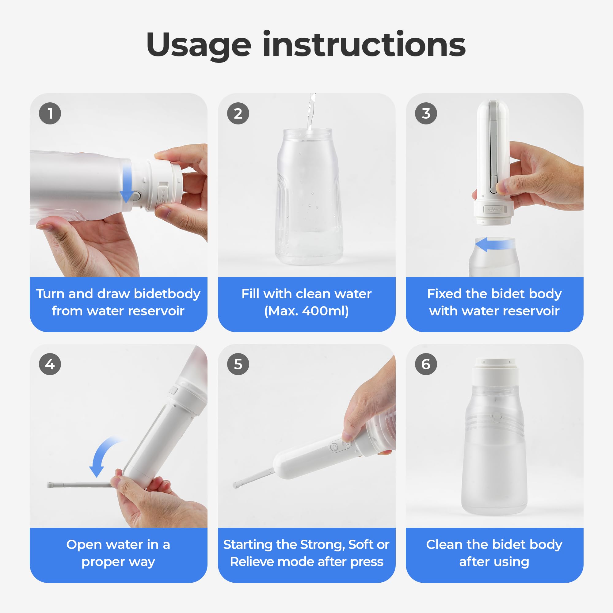 Bidé portátil de 400 ml, bidé eléctrico de viaje, impermeable, con 3 opciones de alta presión, pulverizador de bidé, tratamiento de perineos y hemorroides, limpieza de higiene personal