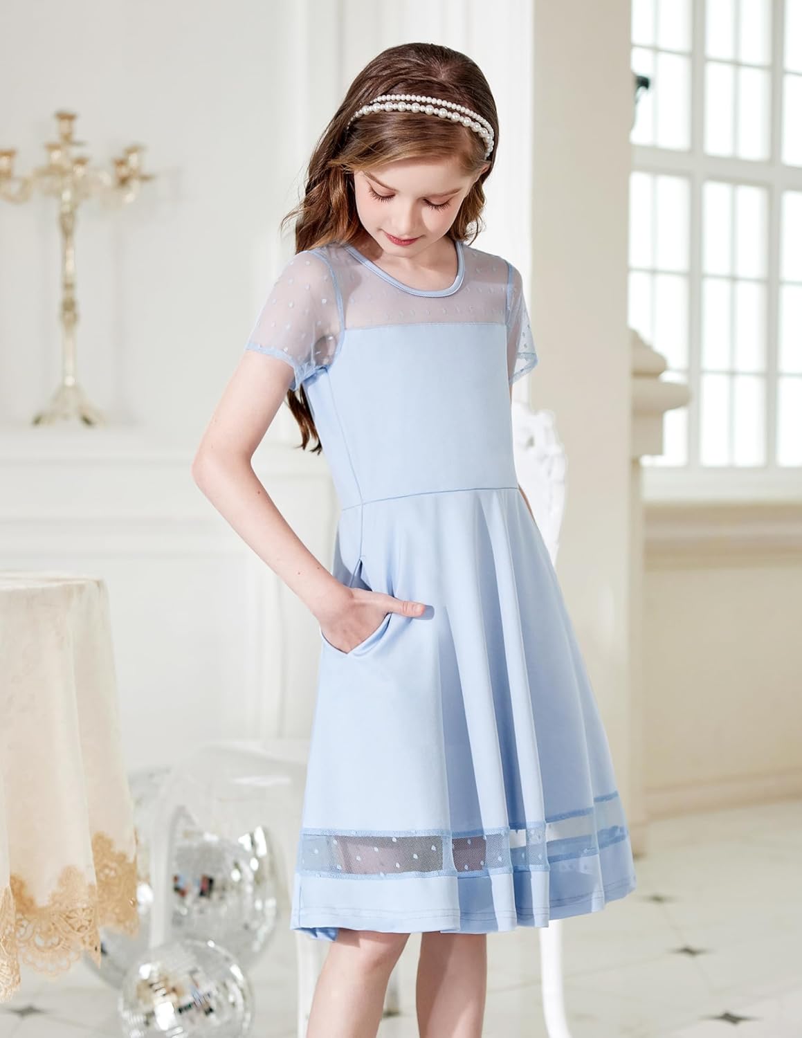 Arshiner Tween Girls Dress Formal Contrast Mesh Short Sleeve A Line Party Dresses with Pockets for 5-12 Years - Image 6