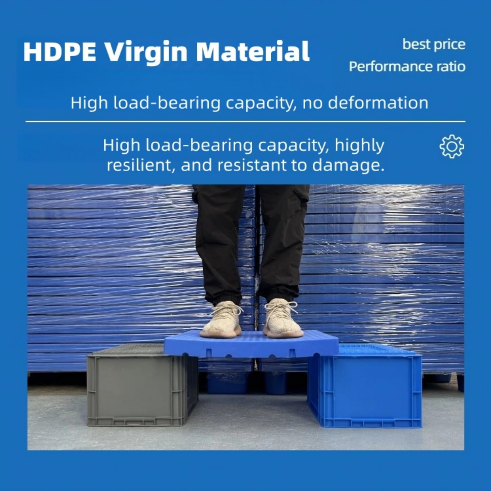 Palés de plástico entrelazados, resistentes a la humedad con diseño de ventilación de malla, ideal para almacenar productos en sótanos de supermercados