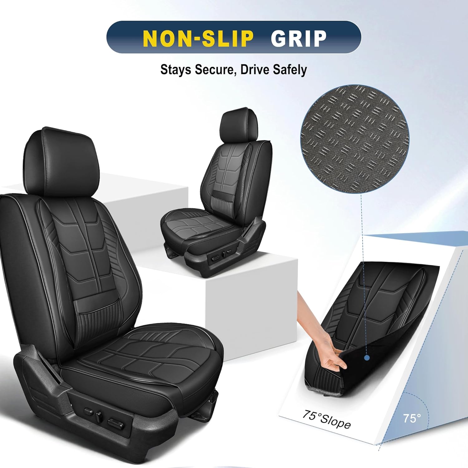 Car Seat Covers Fit for Dodge Ram 2002-2026 1500 2500 3500 Front Set Big Horn Laramie Tradesman Waterproof Faux Leather Seat Protectors Fit for Dodge Ram Crew Cab&Quad Cab(2 Seats,Black)