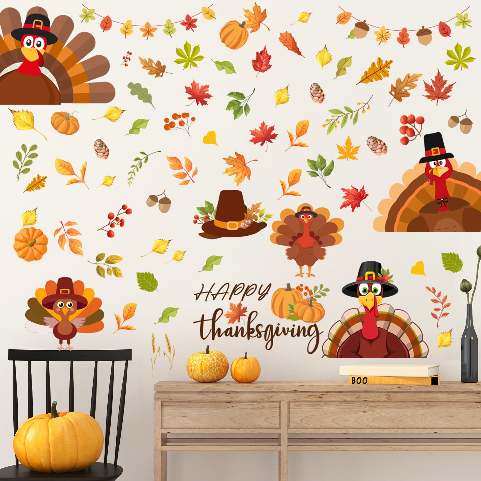 Snapklik.com : 6 Sheets Thanksgiving Wall Decals Turkey Pumpkin Maple
