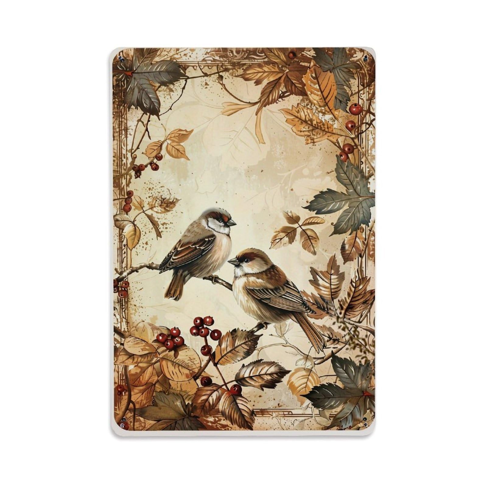 Jdyaojiesheng Vintage Autumn Leaves Birds Berries Branches Tin Sign Retro Metal Wall Decor Metal Poster, Home Bar Garage Farmhouse Cafe Wall Art Decoration 8X12inches