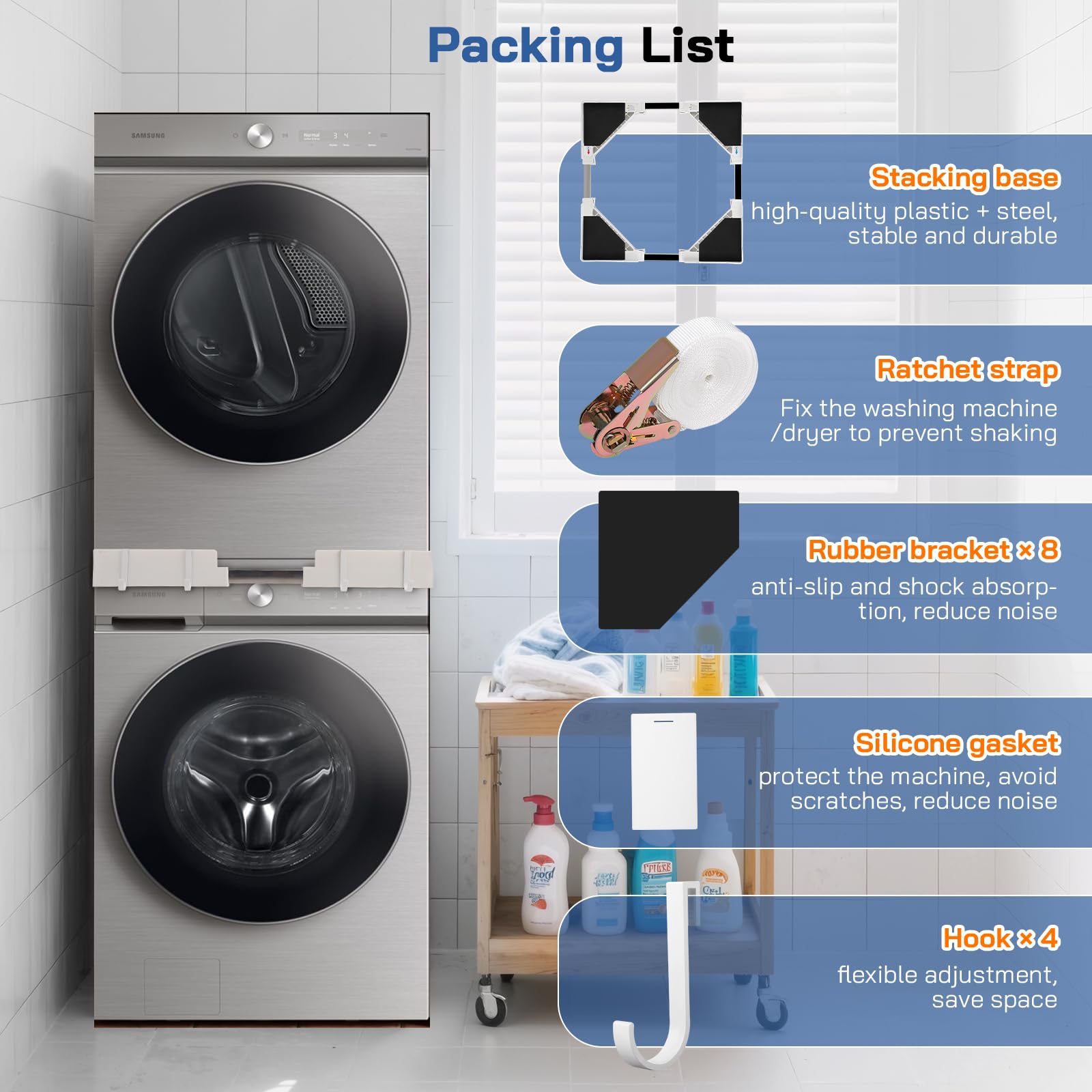 Kit impilabile universale per lavatrice e asciugatrice, misura regolabile (50 – 70 cm), cuscinetti anti-vibrazione, corda a cricchetto, salvaspazio (bianco)